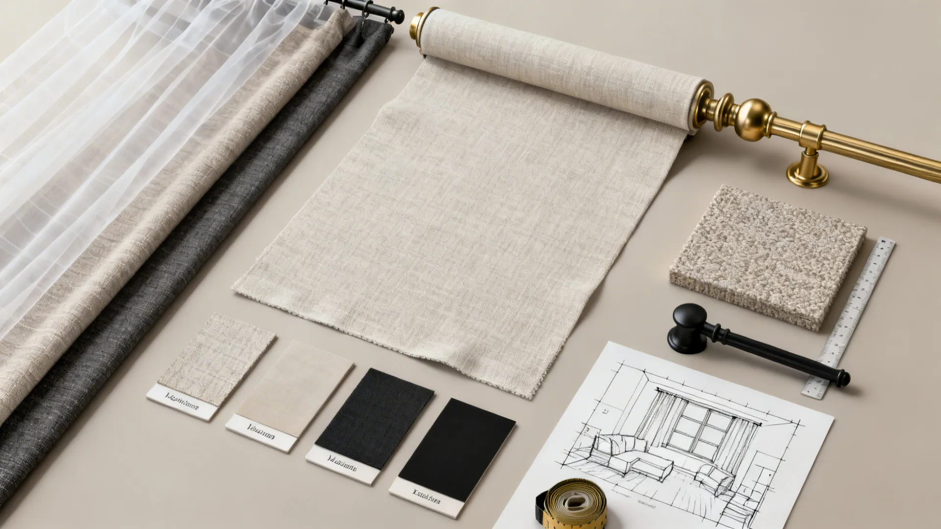 Flat lay of fabric samples, curtain rod, interior design drawing, measuring tape, and material swatches