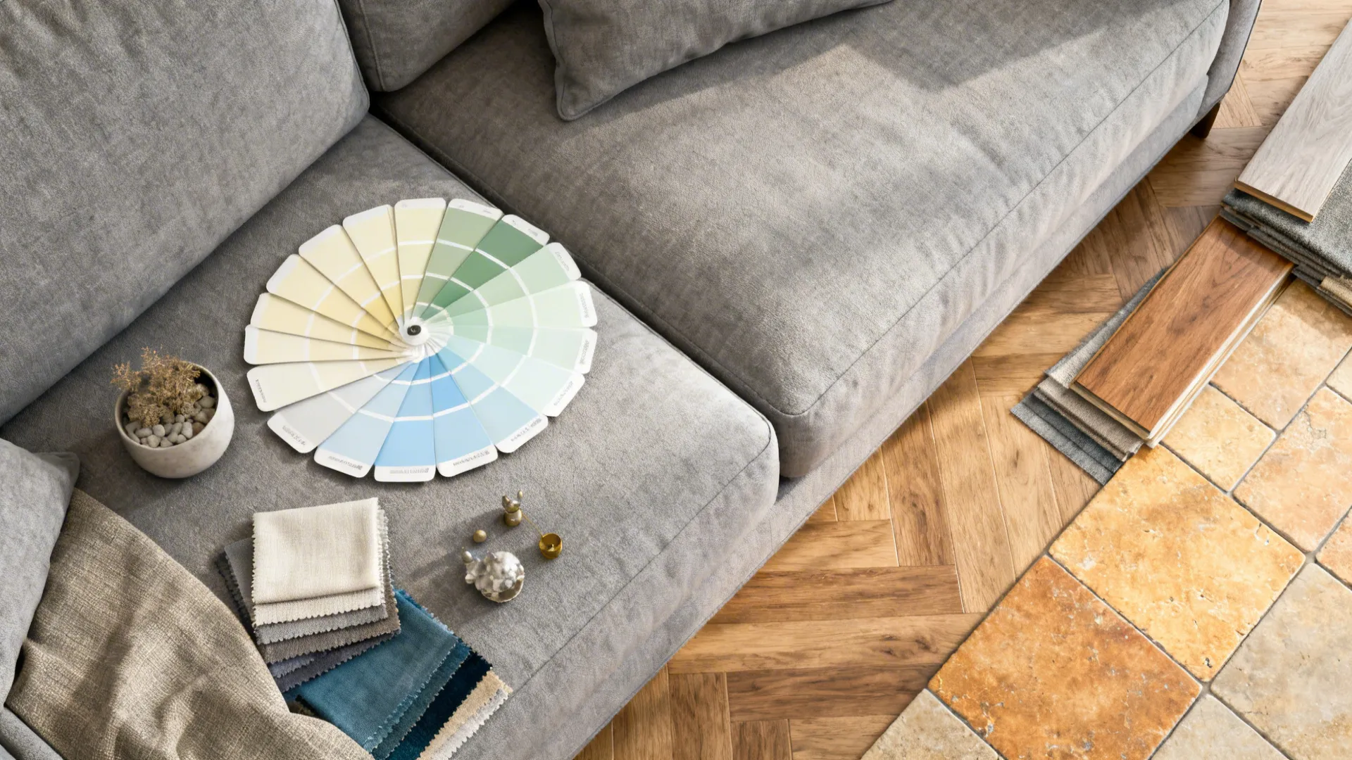 Flatlay of paint and fabric swatches plus wood samples for grey sofa color testing
