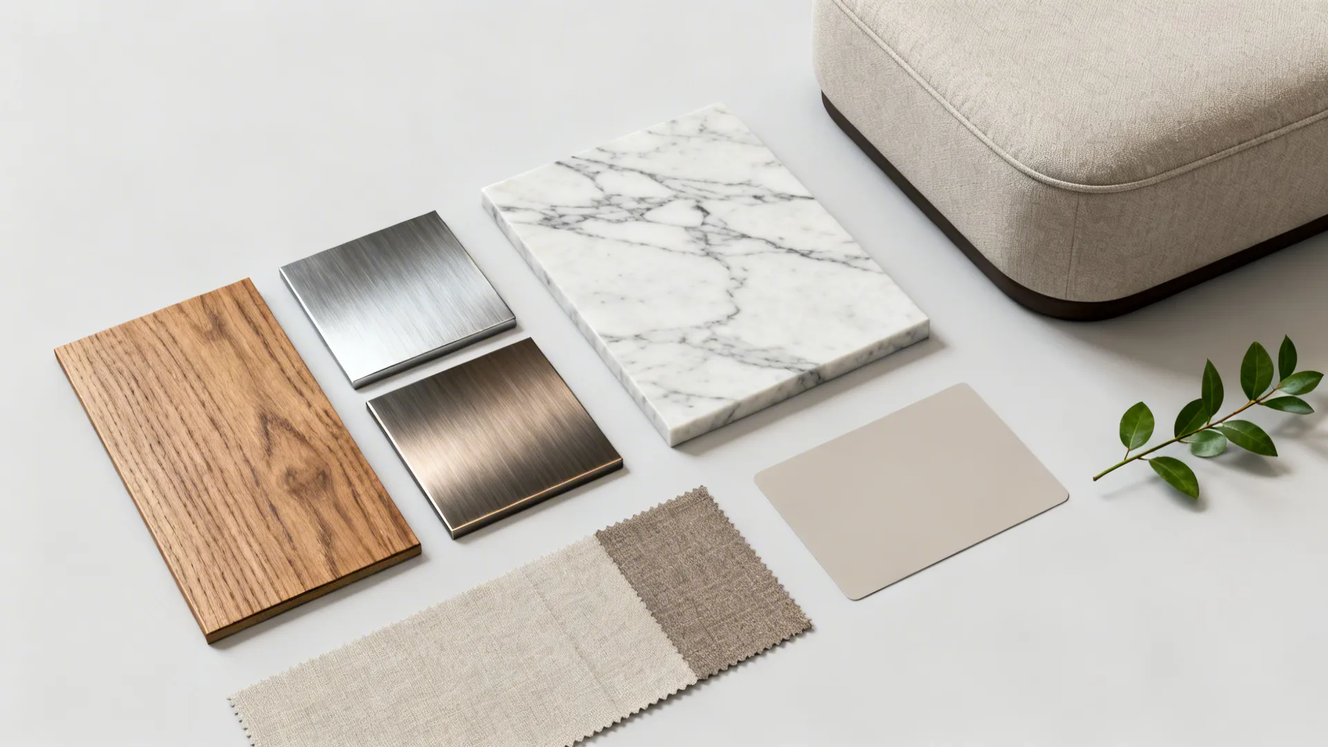 Flatlay of material and color swatches for side tables including wood, metal, marble, and fabric samples.