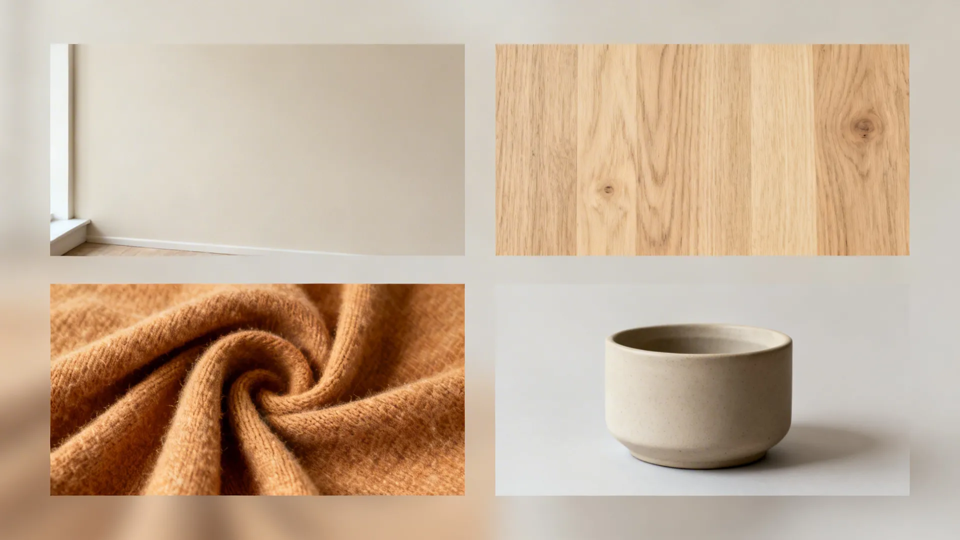 Material swatches: neutral wall, light oak, wool linen textile and matte ceramic for background testing
