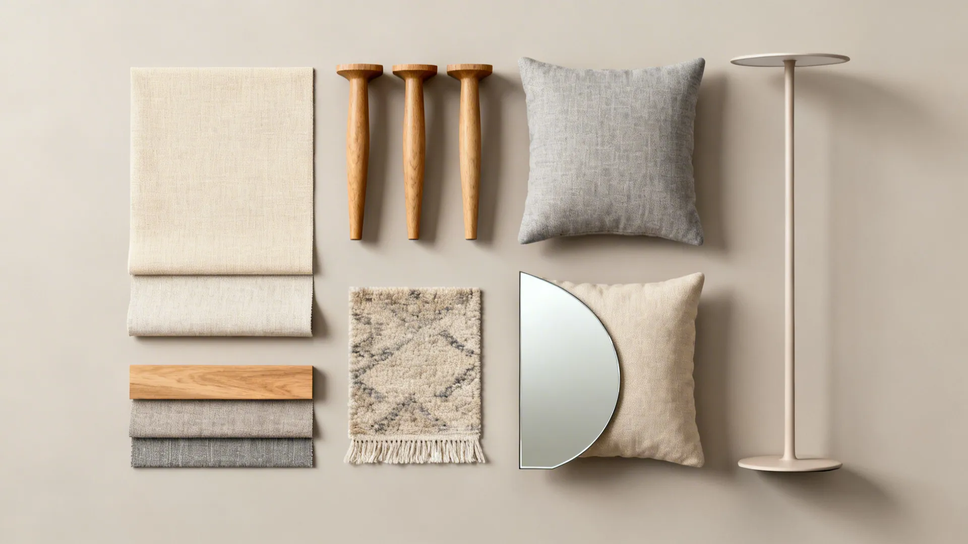 Flatlay of neutral fabric swatches, wood samples, and rug textures for small living room sofas.