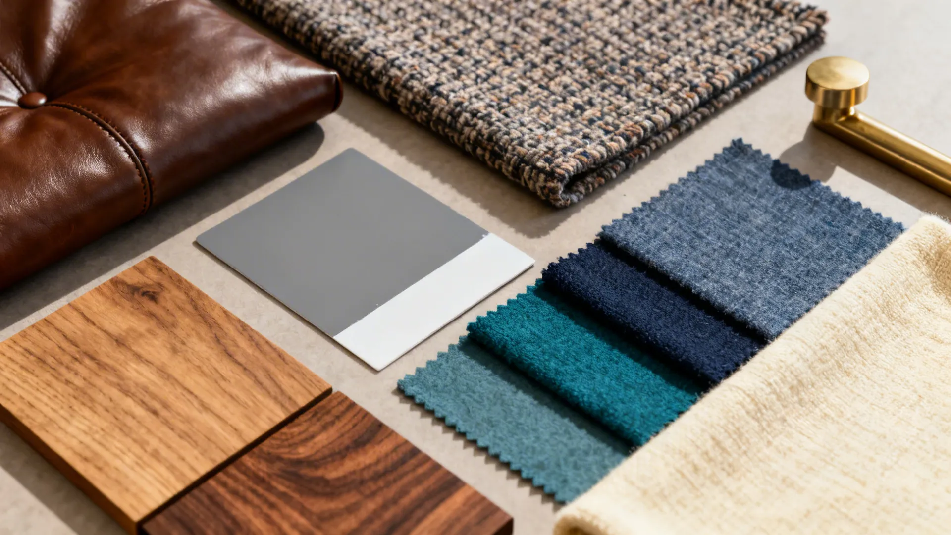 Flatlay of fabric, paint, wood, and metal swatches for a brown-gray-blue scheme