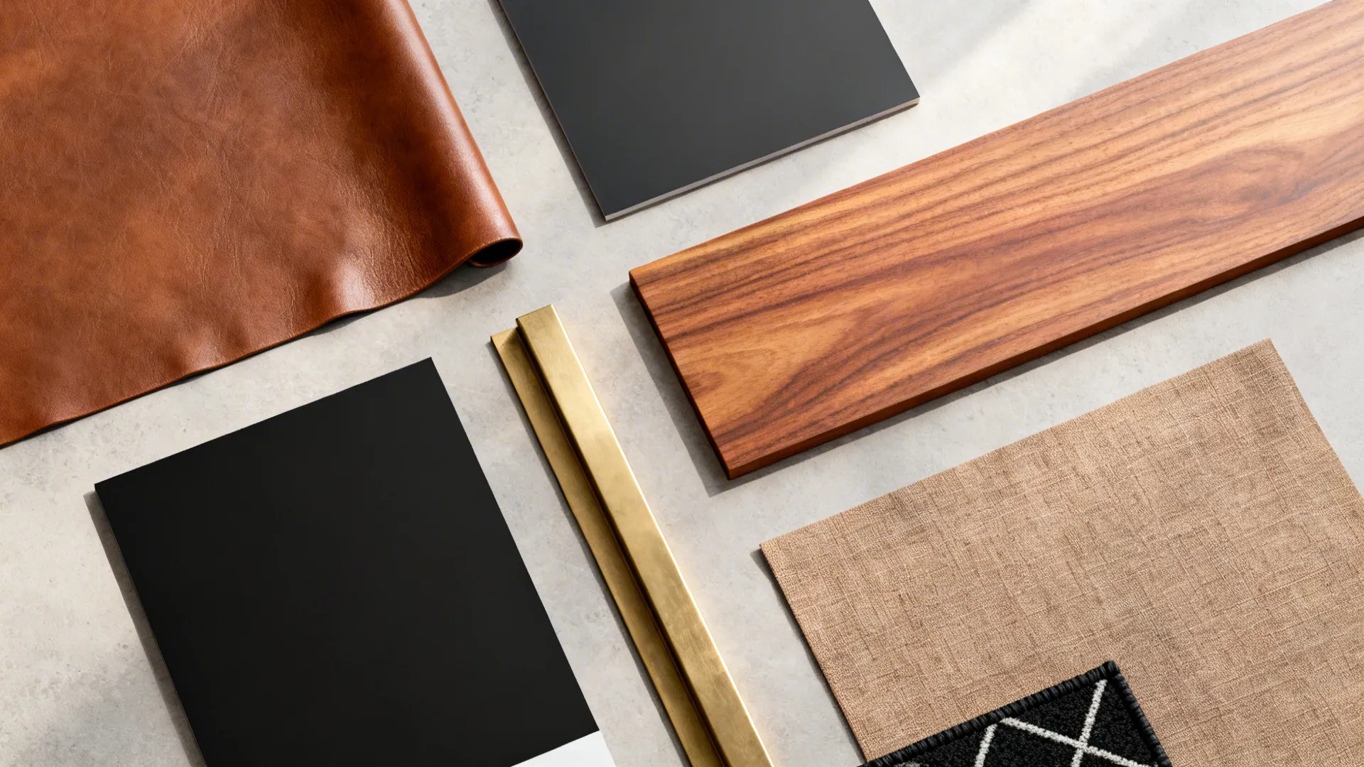 Flatlay of leather, paint, wood and fabric swatches for brown-and-black living room palette.