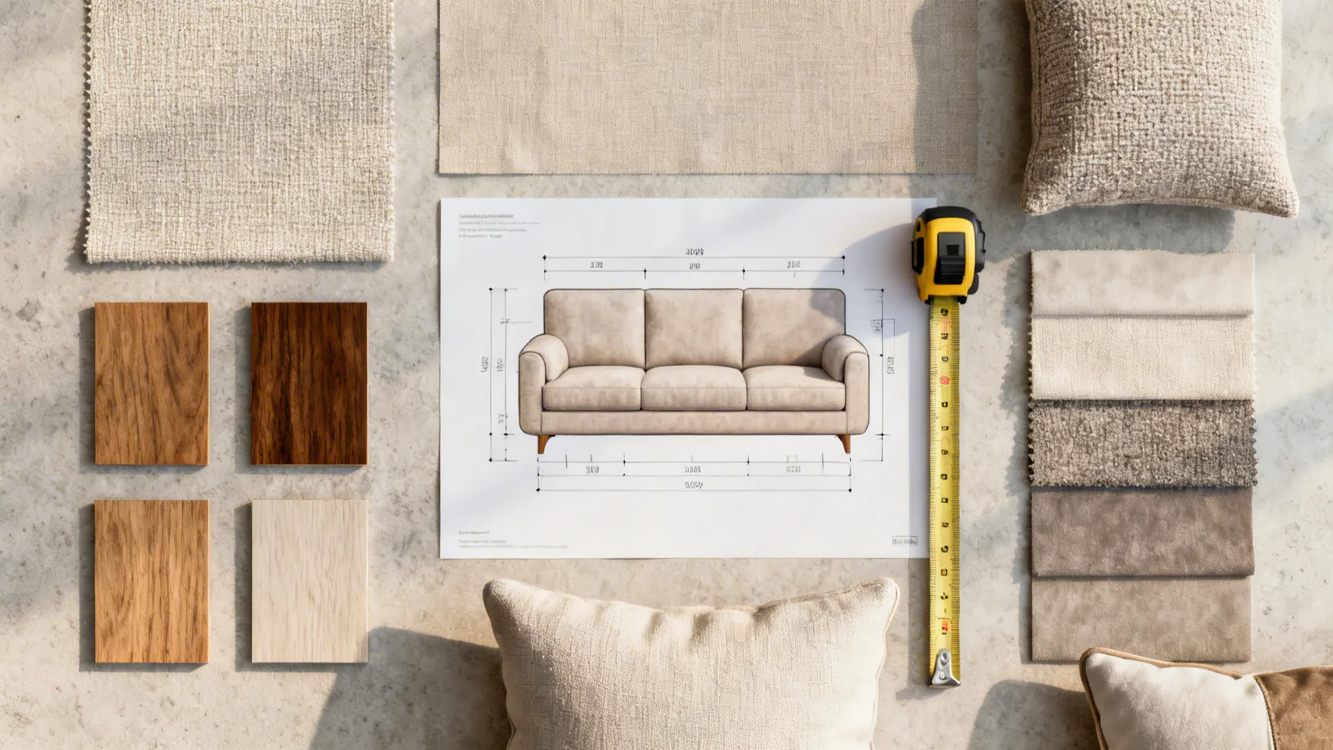 Flatlay of neutral fabric swatches, wood samples and a small floor plan for sofa planning