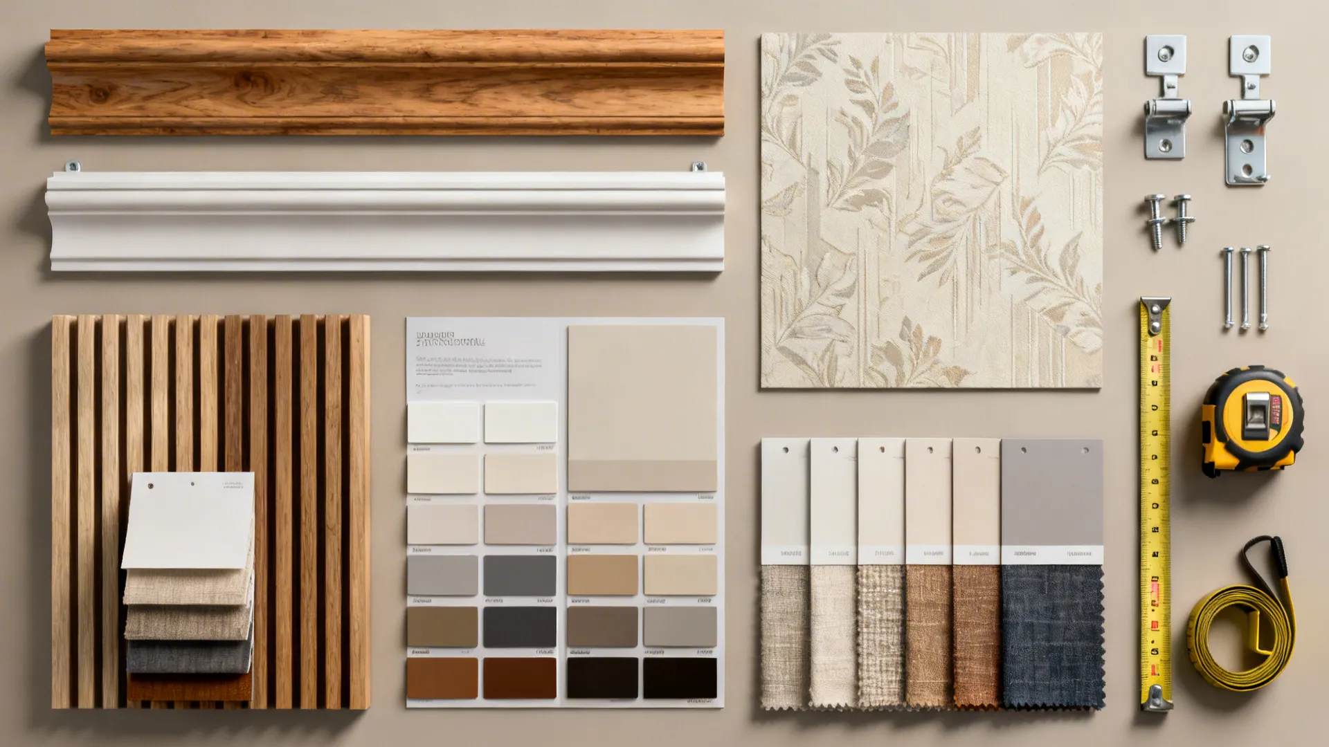Flatlay of wallpaper, paint chips, wood and fabric swatches with tools for planning large wall treatments.
