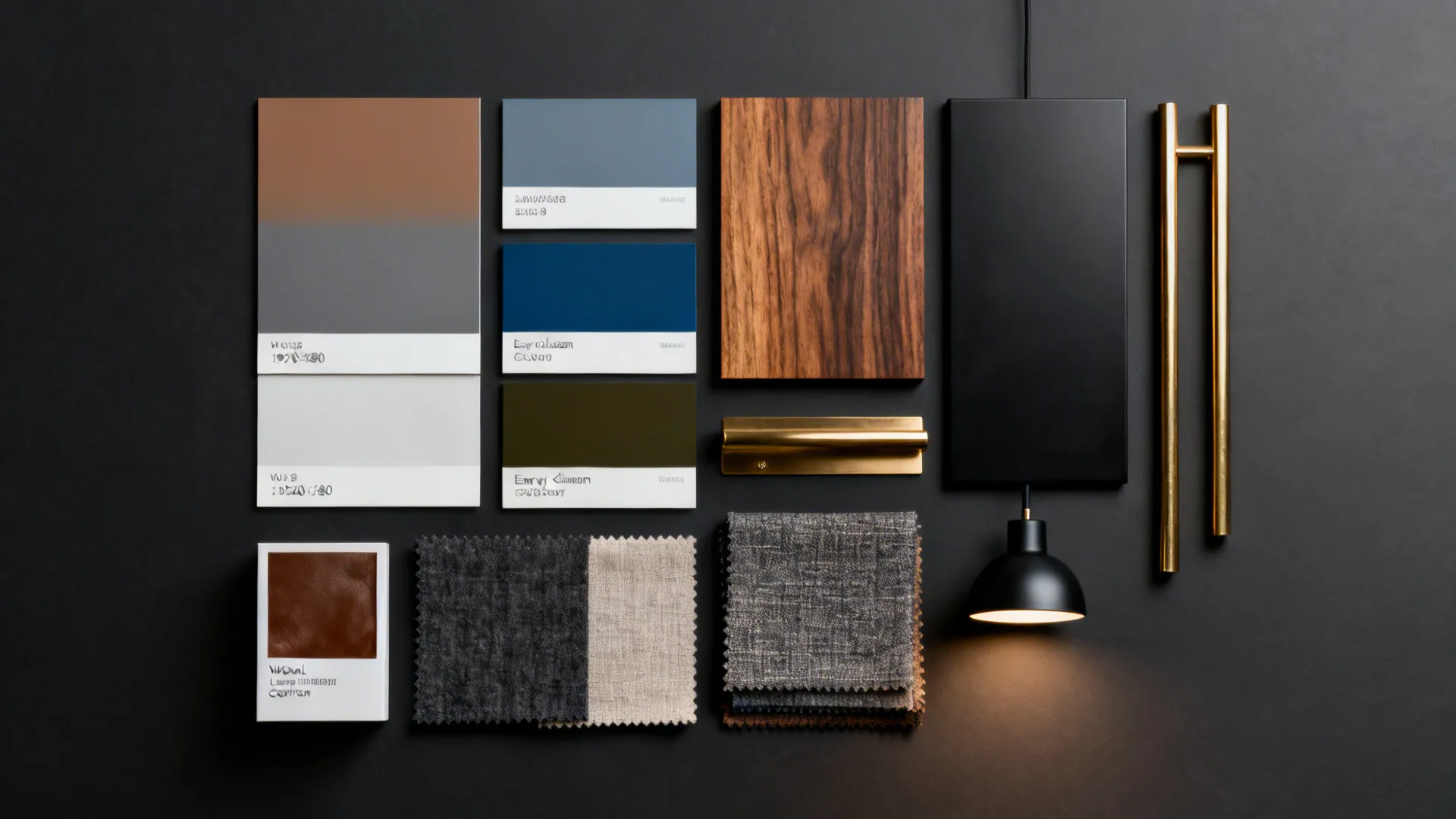 Flatlay of paint chips, wood samples, metal finishes and fabric swatches for a masculine room palette