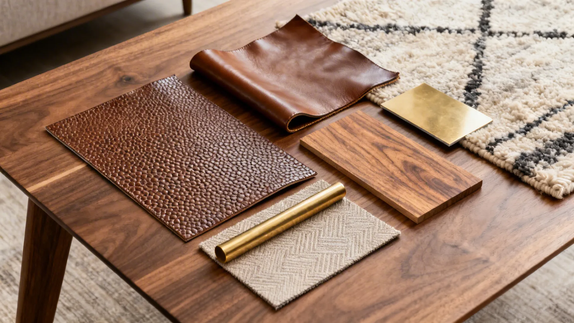 Flatlay of leather swatches, wool rug piece, brass and wood samples for layering materials.