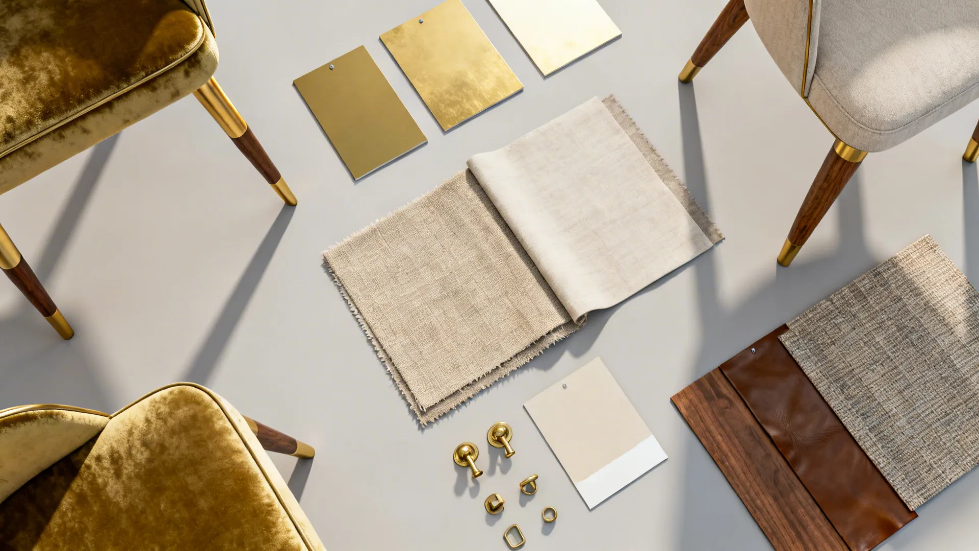 Flatlay of fabric swatches and gold finish samples for styling gold-accent chairs