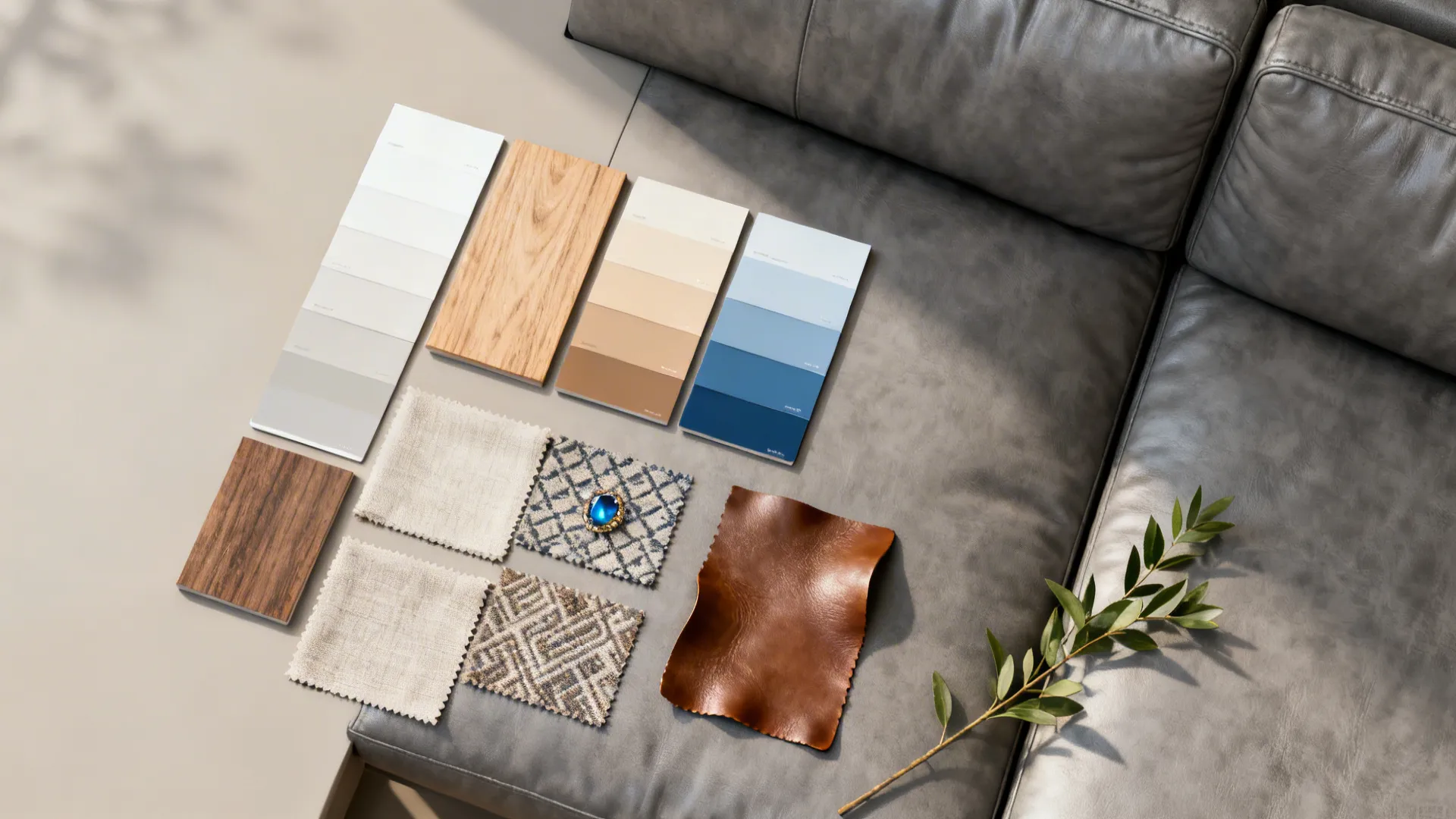 Top-down flatlay of paint chips, fabric swatches and wood samples for grey leather styling.