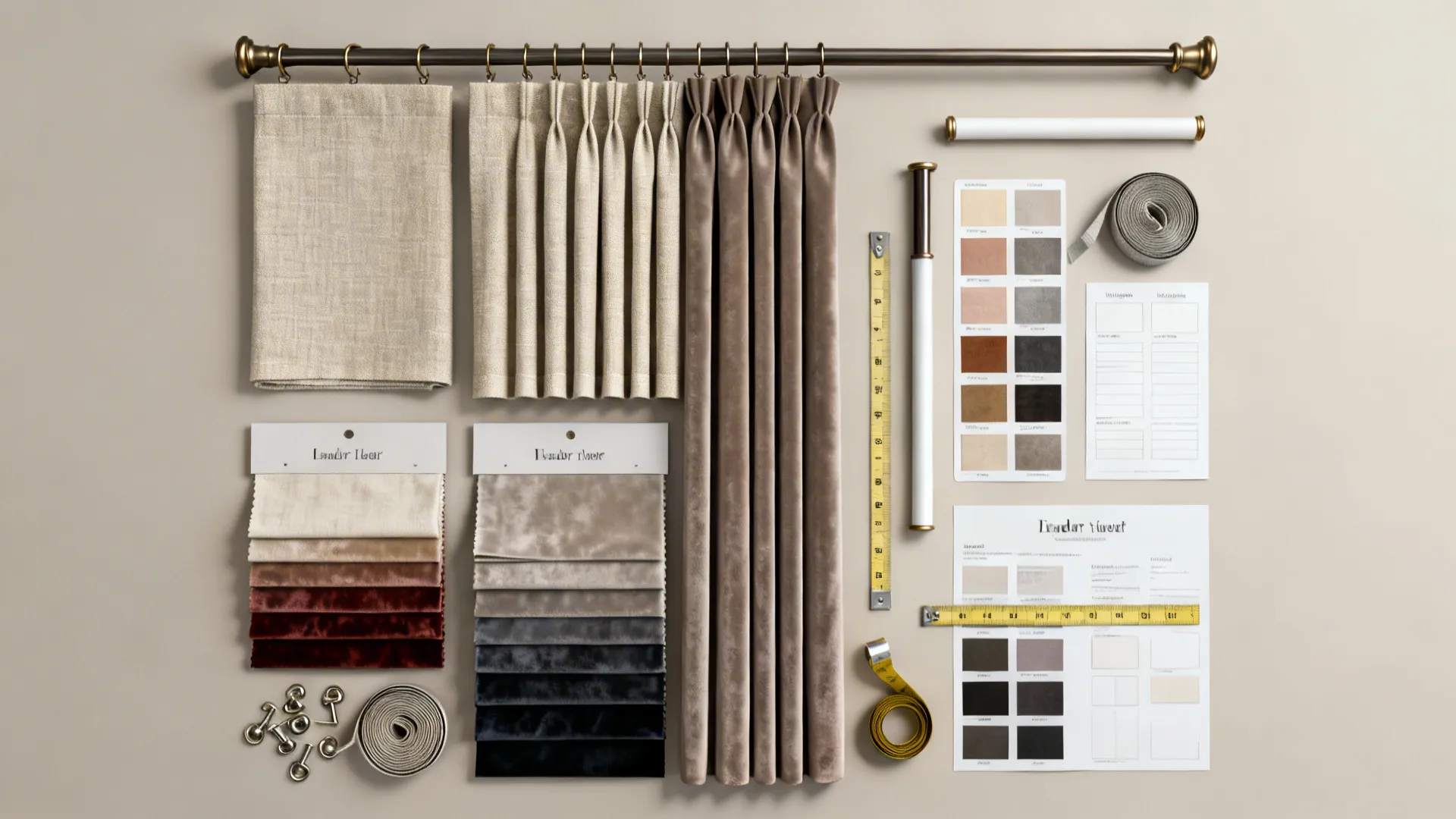 Top-down flatlay of fabric swatches, blackout lining, and curtain hardware samples for pinch pleats.