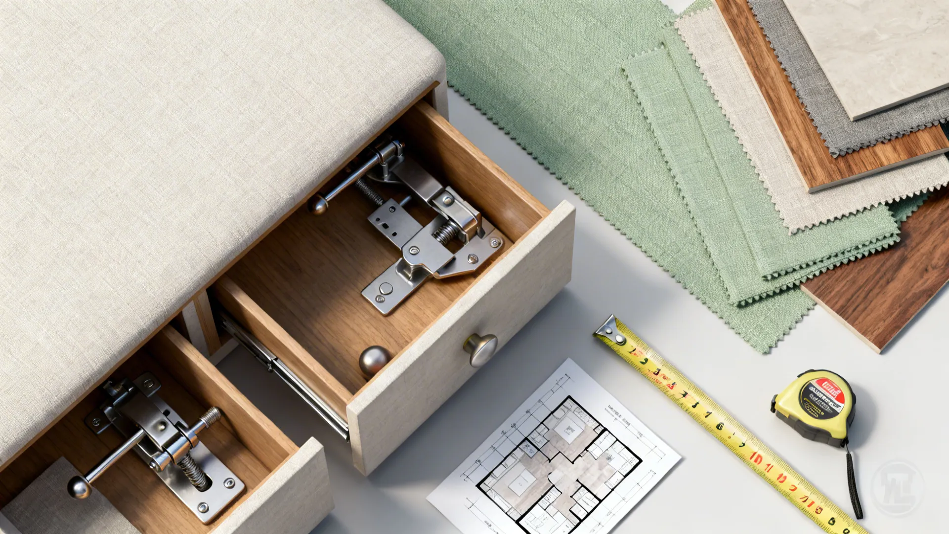 Flatlay of fabric swatches, wood samples and hardware for choosing small-space sofas.