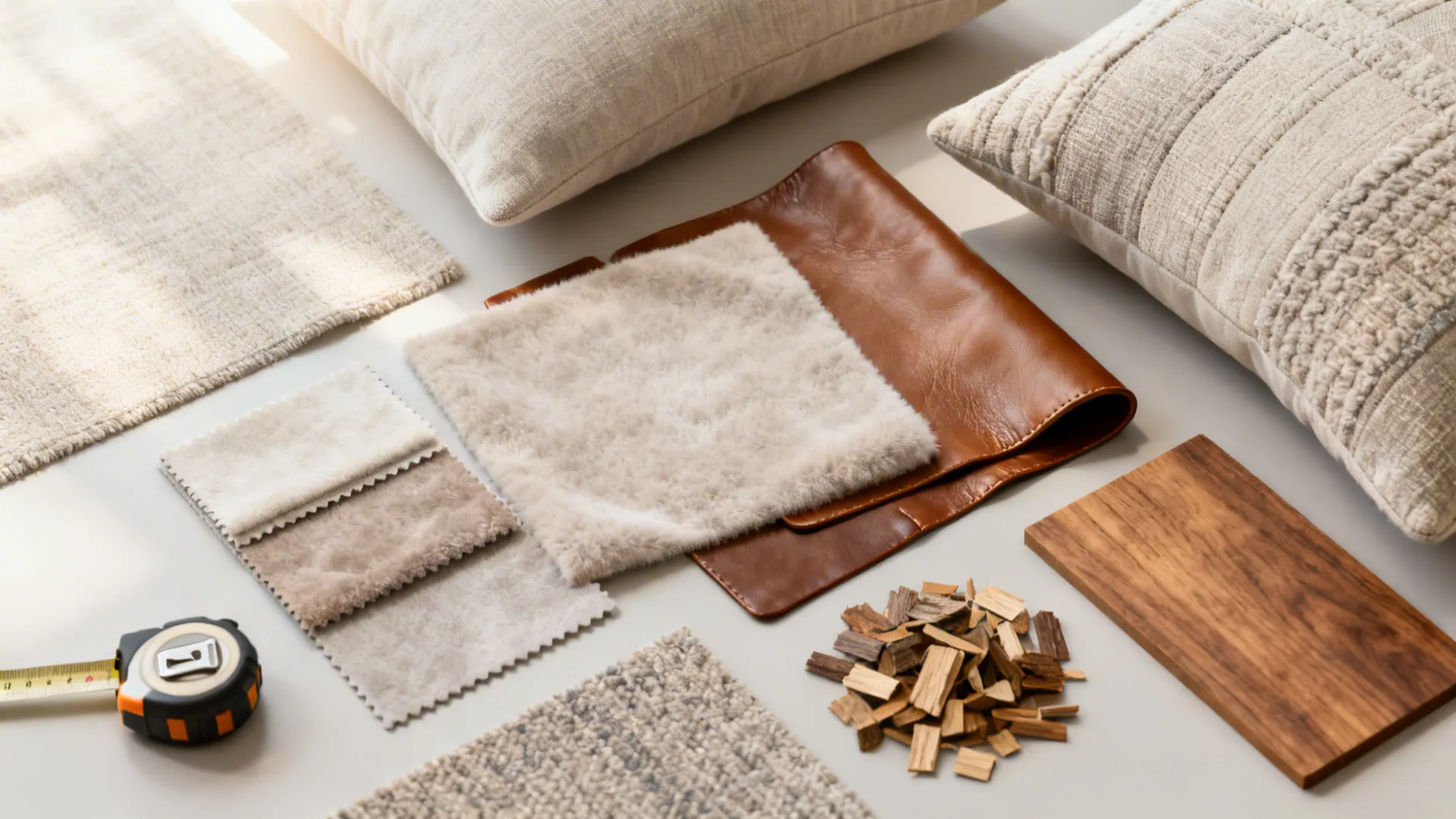 Flatlay of upholstery swatches and material samples for small living room sofas, including microfiber and faux leather.