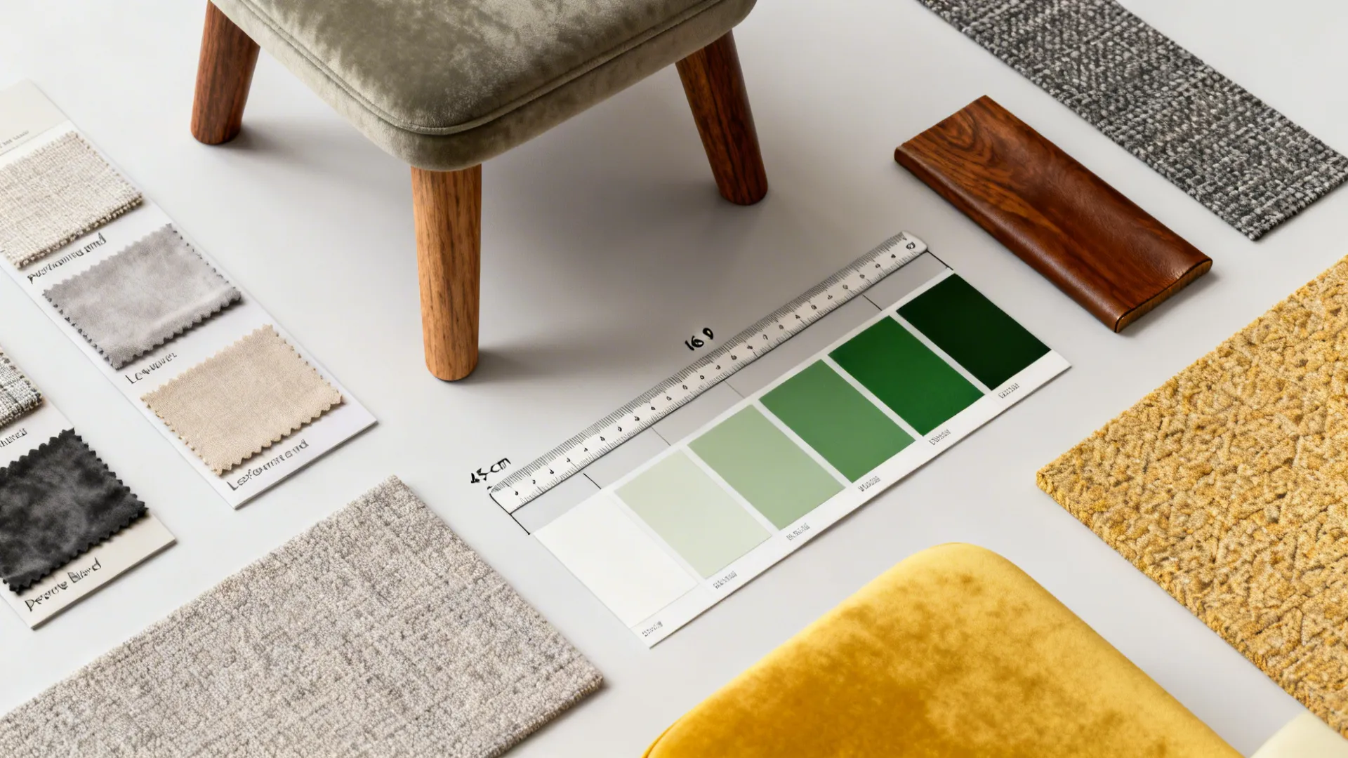 Flatlay of fabric and finish swatches with spacing ruler and color chips for sofa and chair planning.