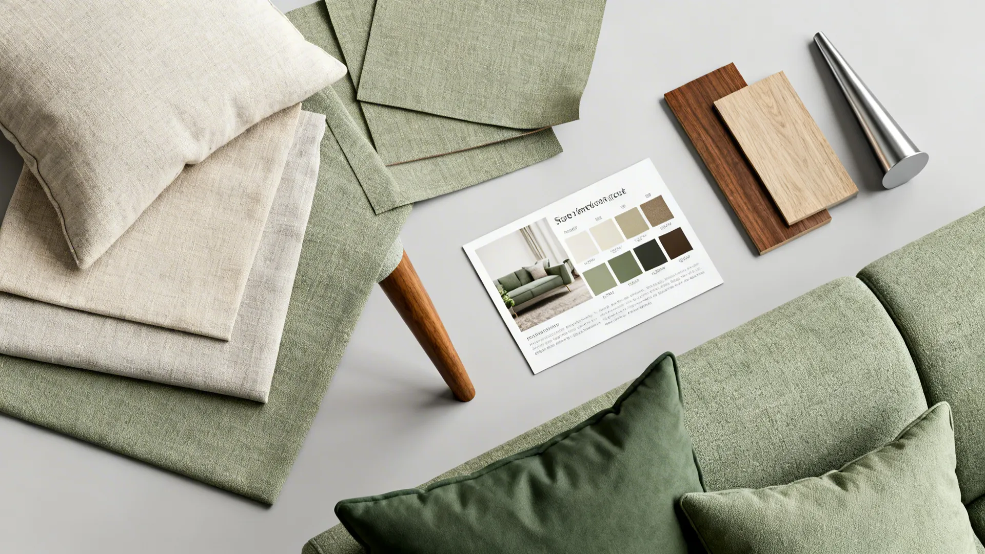 Flatlay of fabric and wood swatches, pillows and mood card for small-living-room sofas