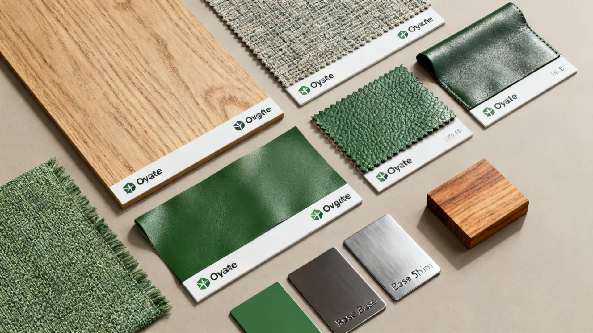 Flatlay of fabric and leather swatches with metal and wood finish samples for swivel chair selection.