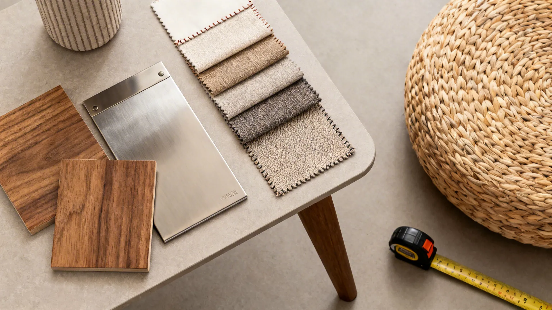 Interior design material swatches including fabric samples wood boards and metal plate on a table