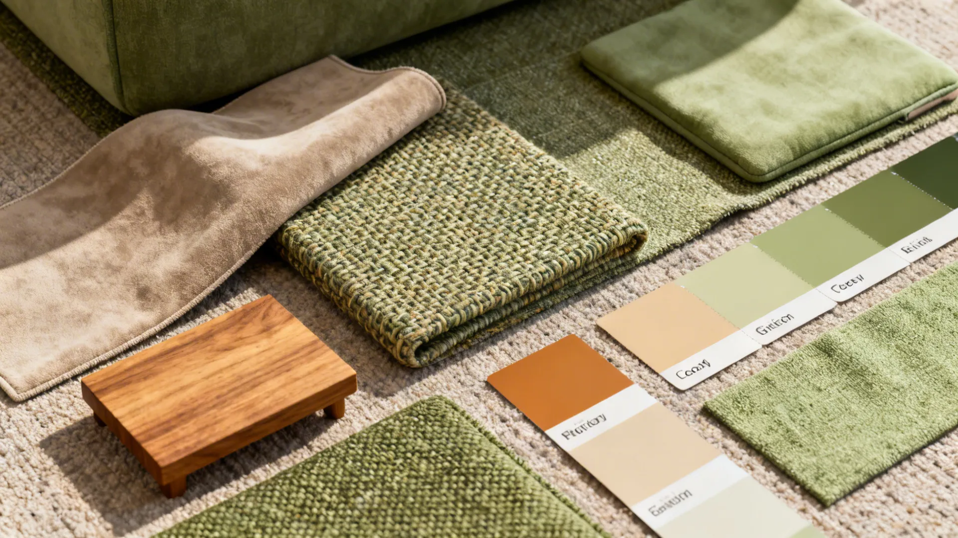 Flatlay of fabric swatches and color chips for pet-friendly floor seating materials.