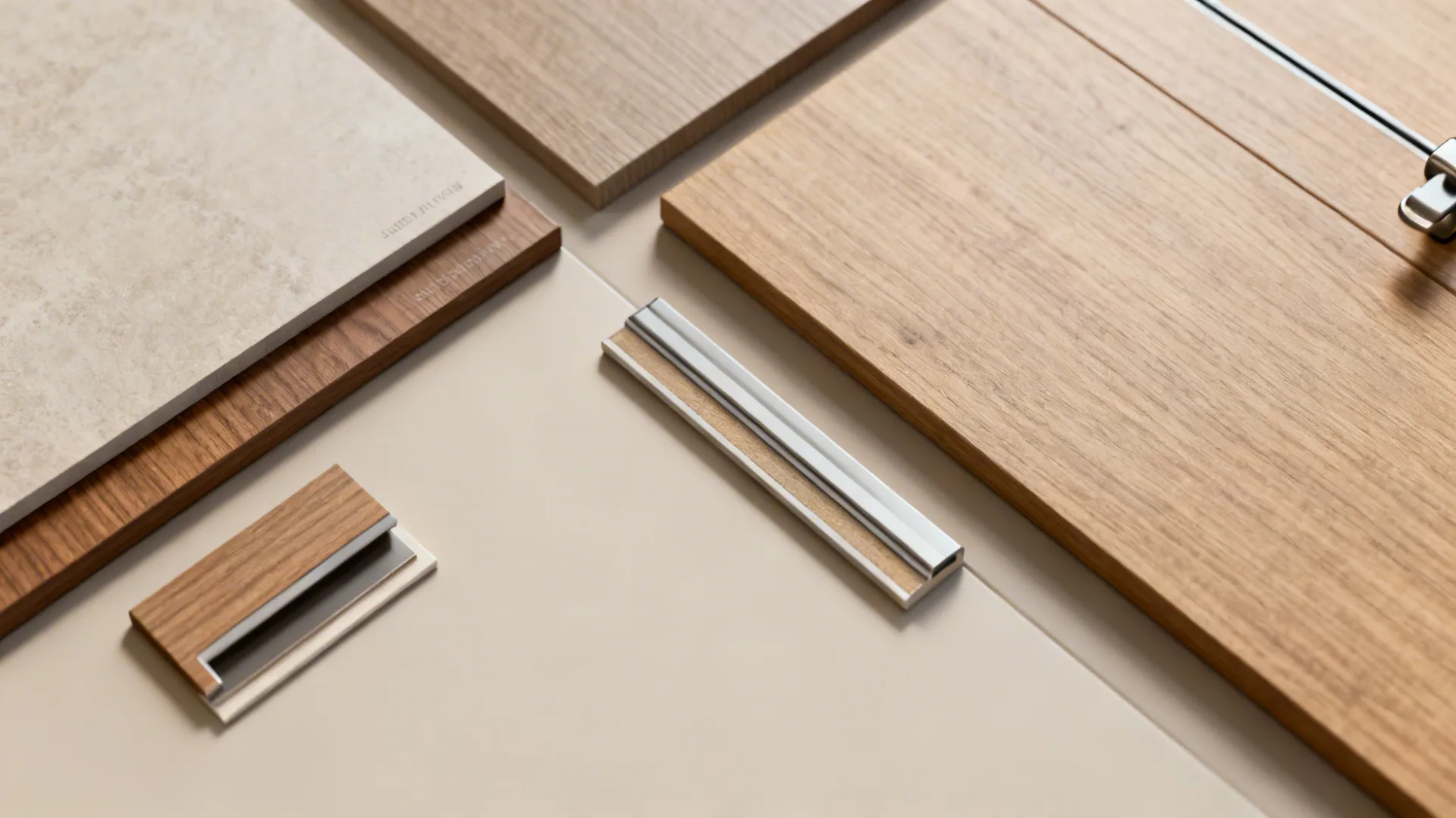 Material swatches and hardware samples for compact bedroom finishes and sliding doors.