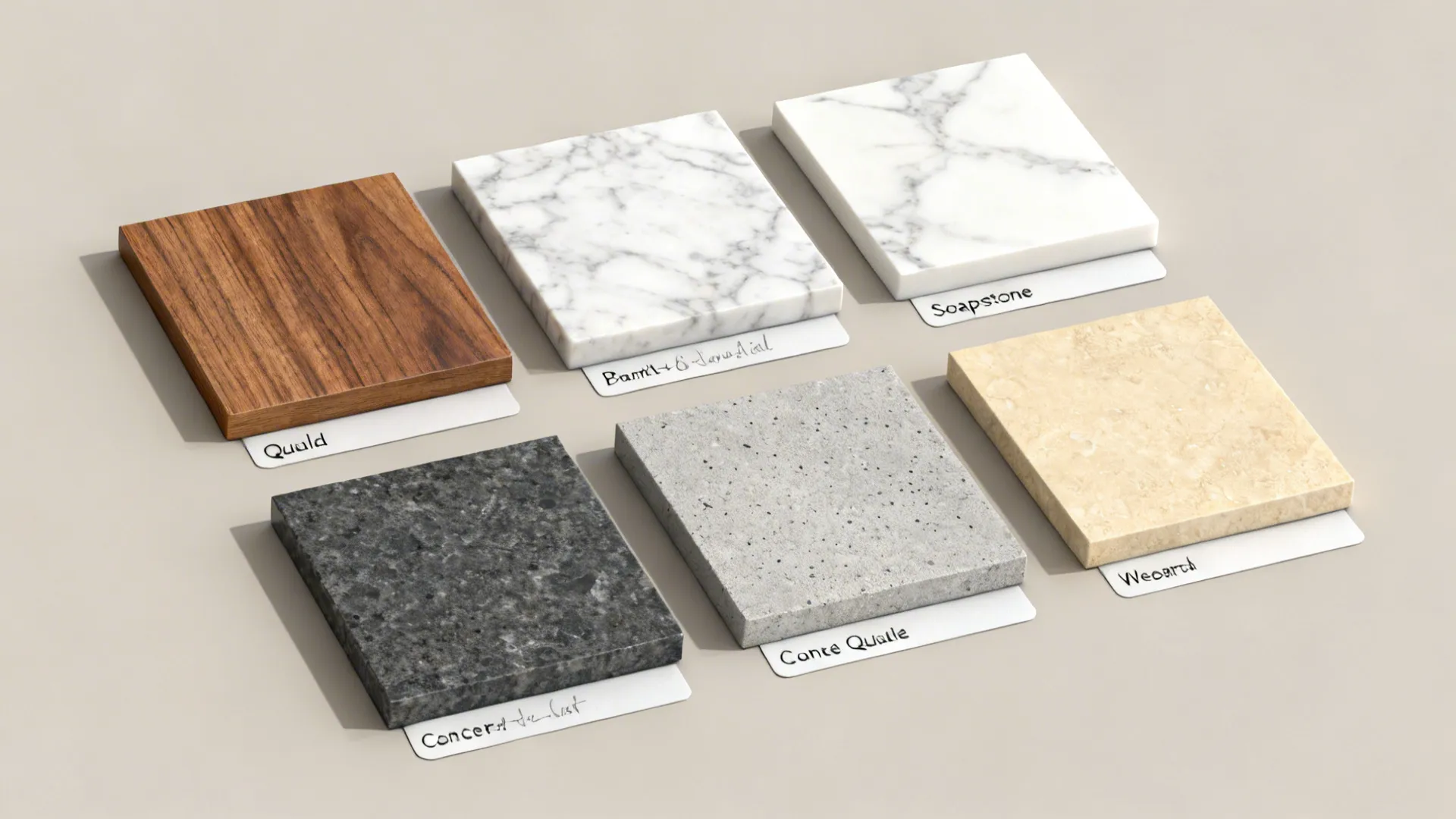 Flatlay of countertop material swatches including quartz, wood, and stone with notes