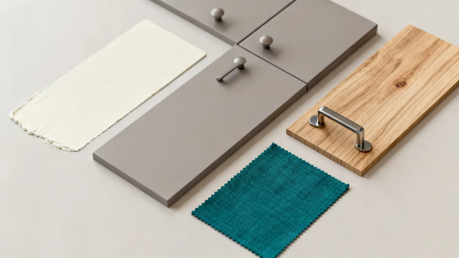 Flatlay of paint chips, wood veneer, metal hardware, and fabric swatch for a unified palette.