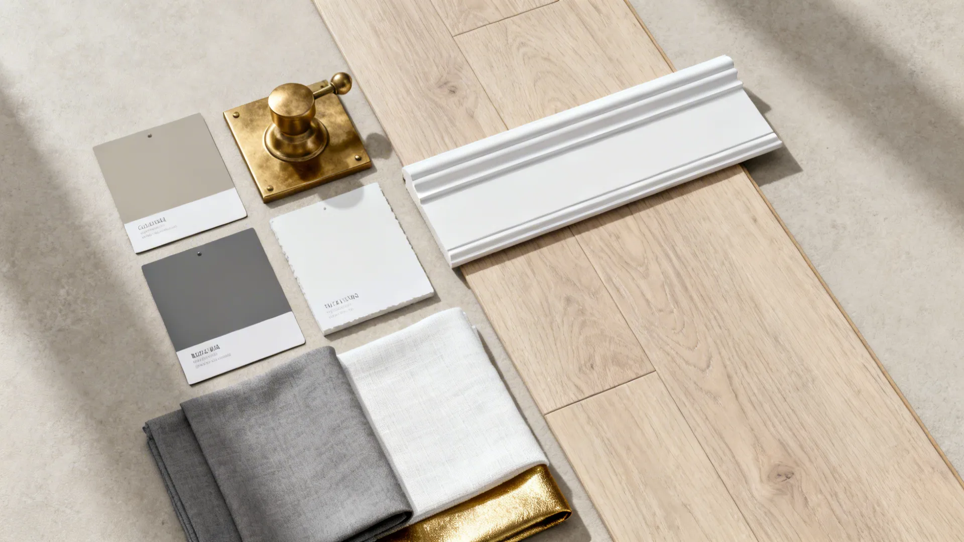 Top-down flatlay of paint, metal and fabric swatches for a gray, gold, and white palette