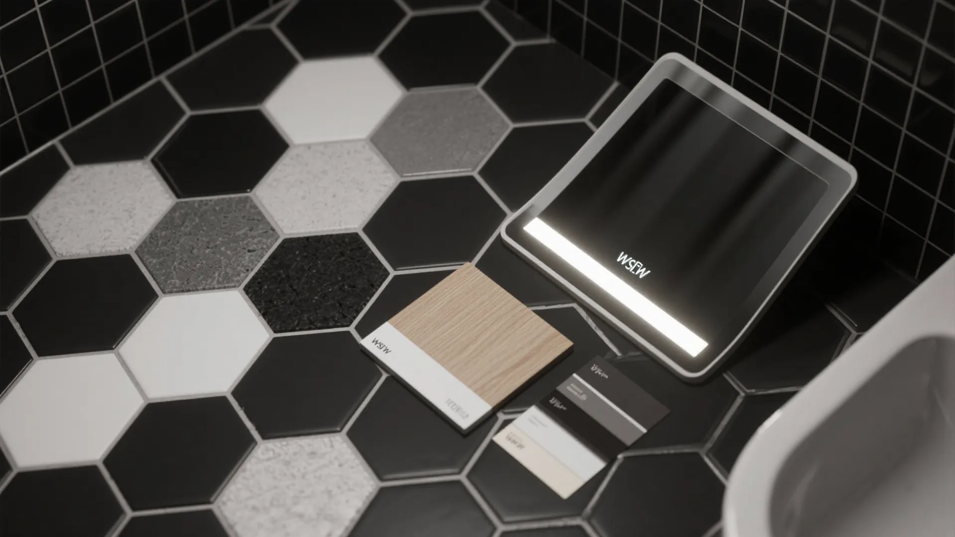 Flatlay of grout, tile finish, and wood swatches for a hexagon tile bathroom design.