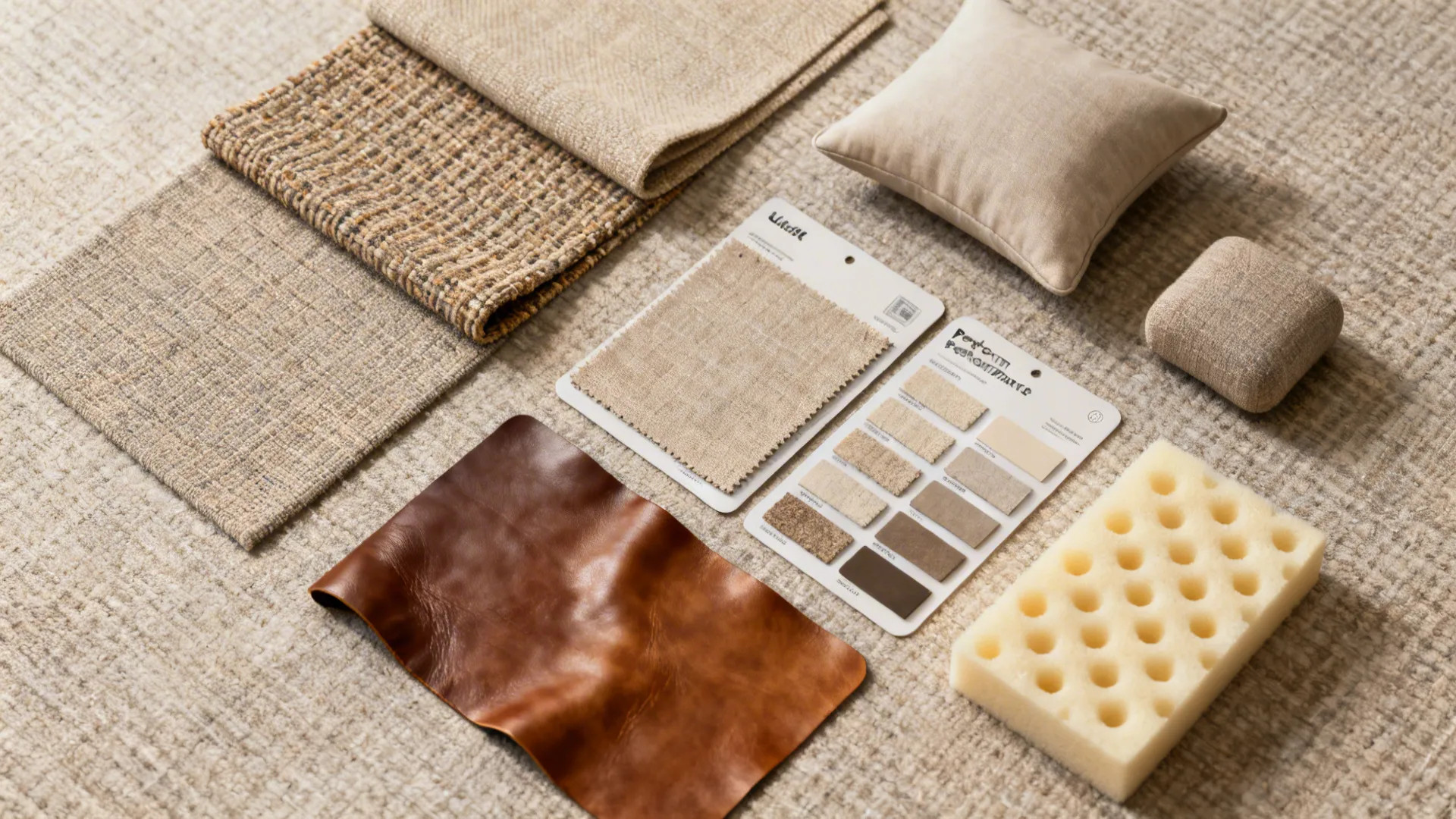 Flatlay of upholstery swatches and lumbar pillow sample for durable living room chairs