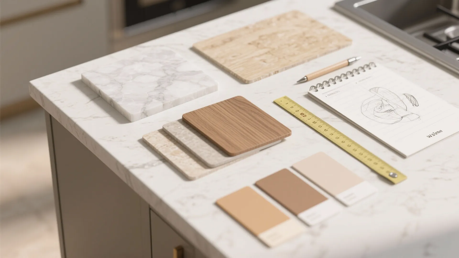 Interior design material swatches on marble kitchen counter with notebook pen and yellow measuring ruler