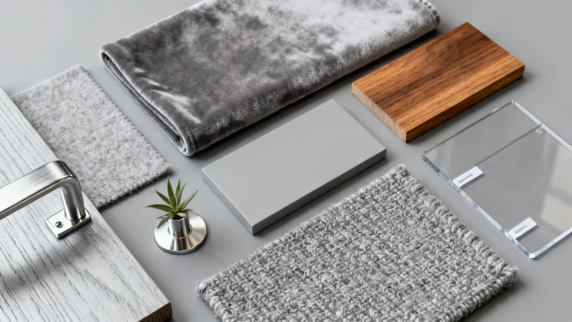 Material swatches showing velvet, wool, brushed silver, matte wood and warm wood for a silver-grey palette.