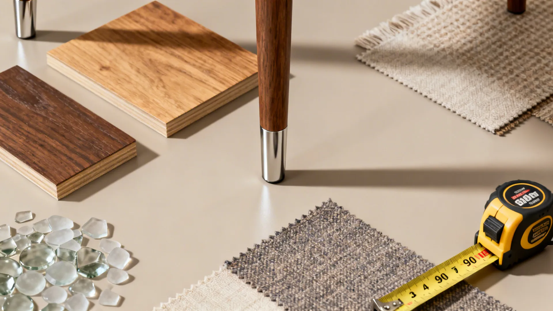 Material and color swatches with a tape measure illustrating clearance recommendations for small dining areas