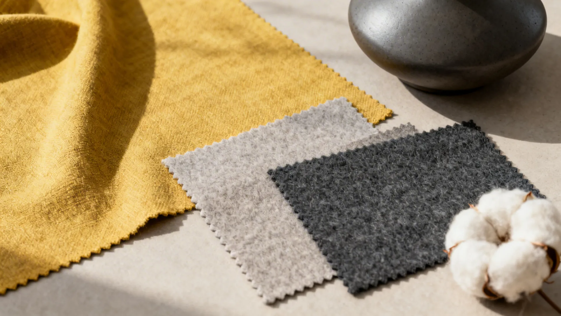 Material swatches of mustard and butter yellows with dove, greige, and charcoal grey fabric samples.