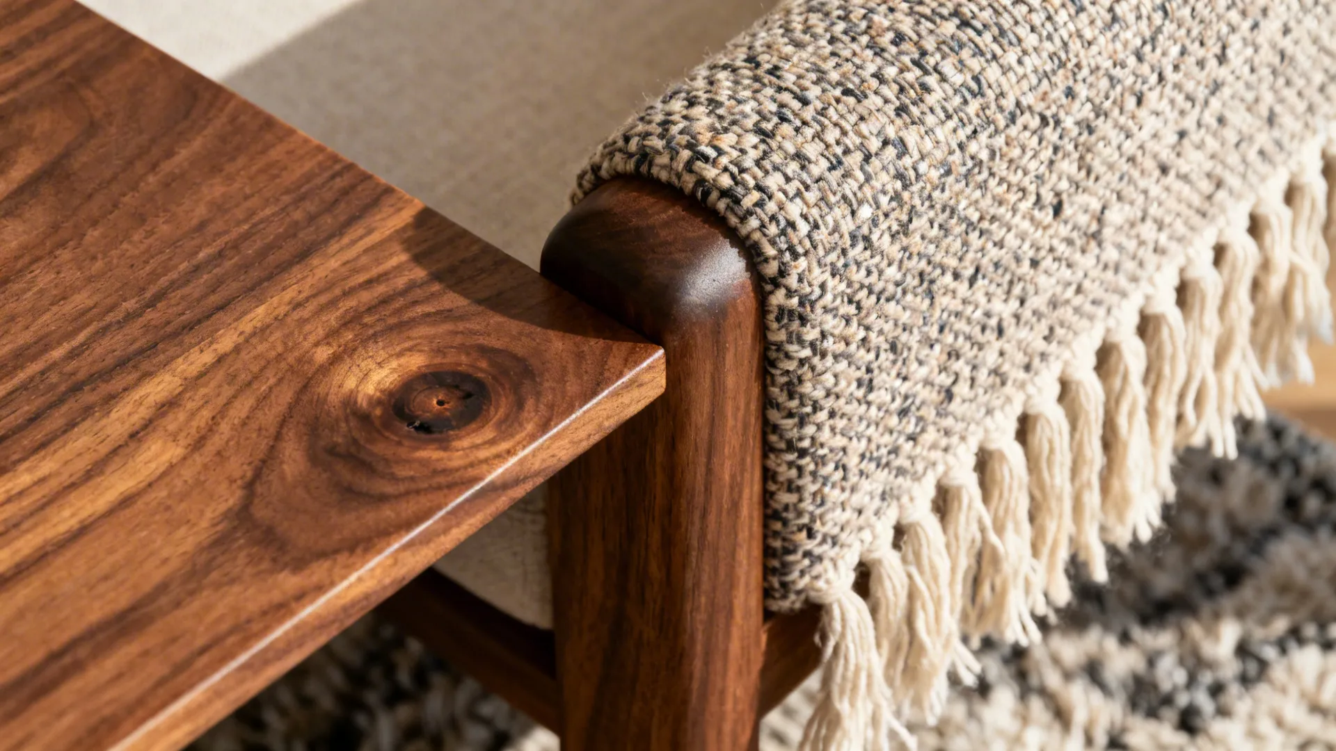 Close-up of walnut grain, boucle fabric, and wool rug fibers in soft light.