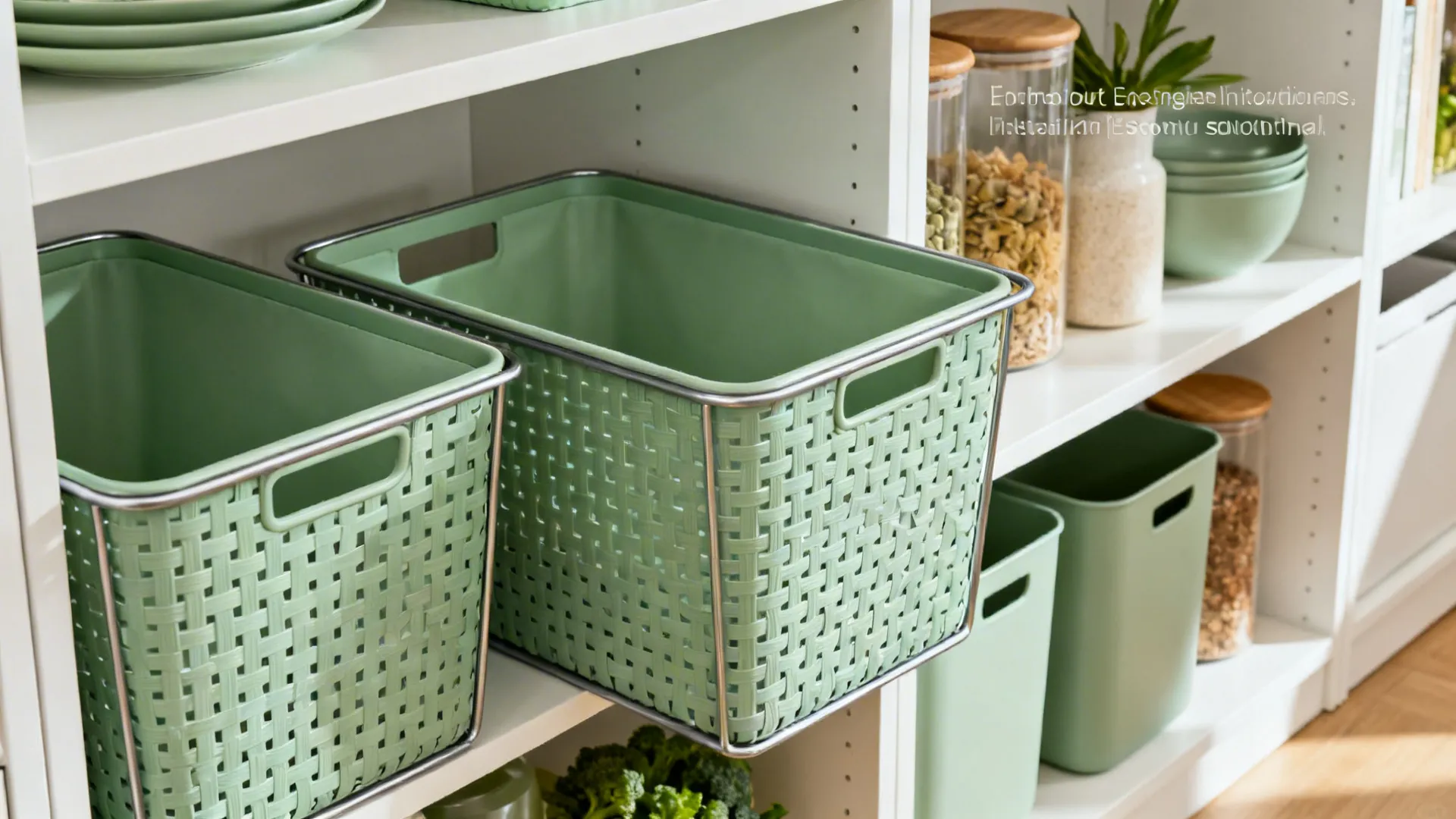Modern pantry with polymer weave baskets and powder-coated frames in bright light.