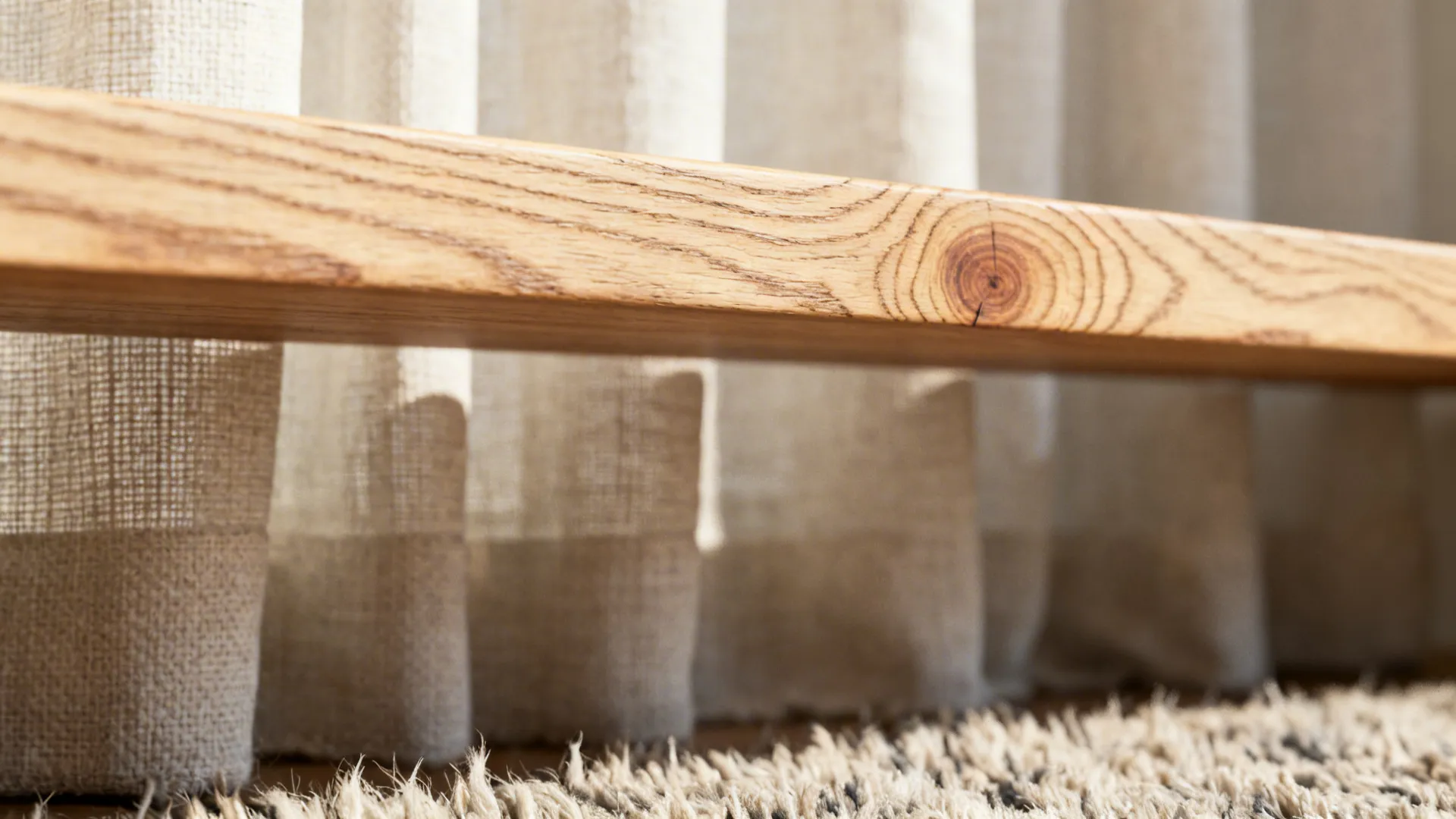 Macro of white oak grain, linen weave, and wool rug fibers in soft daylight.