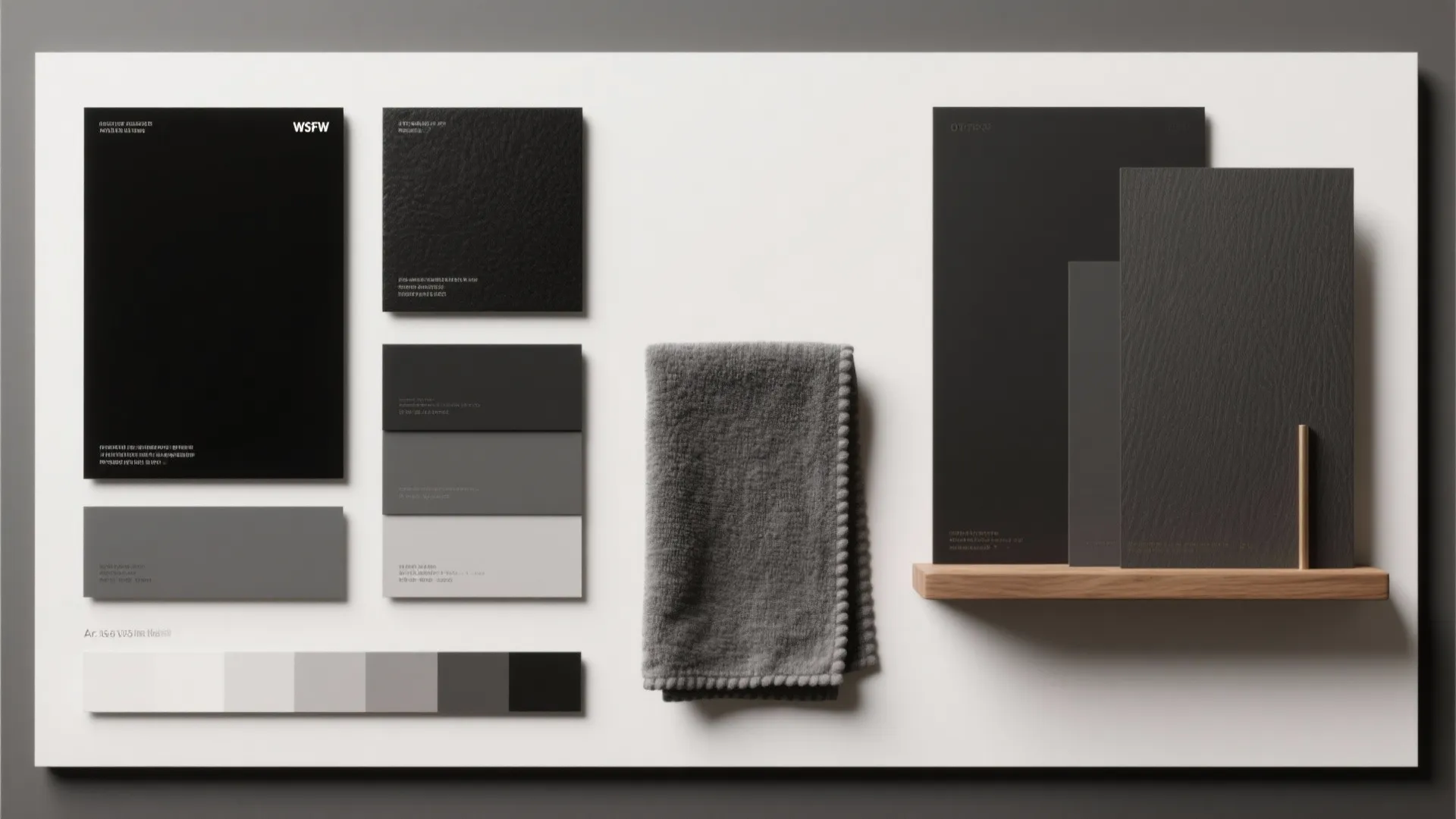 Interior design mood board showing black and grey material samples textures color palettes and fabric