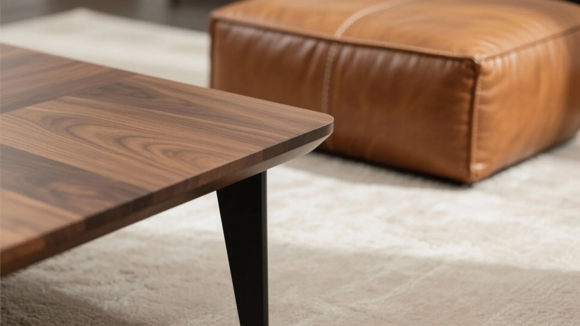 Close up of wooden coffee table next to a brown leather footrest on white rug