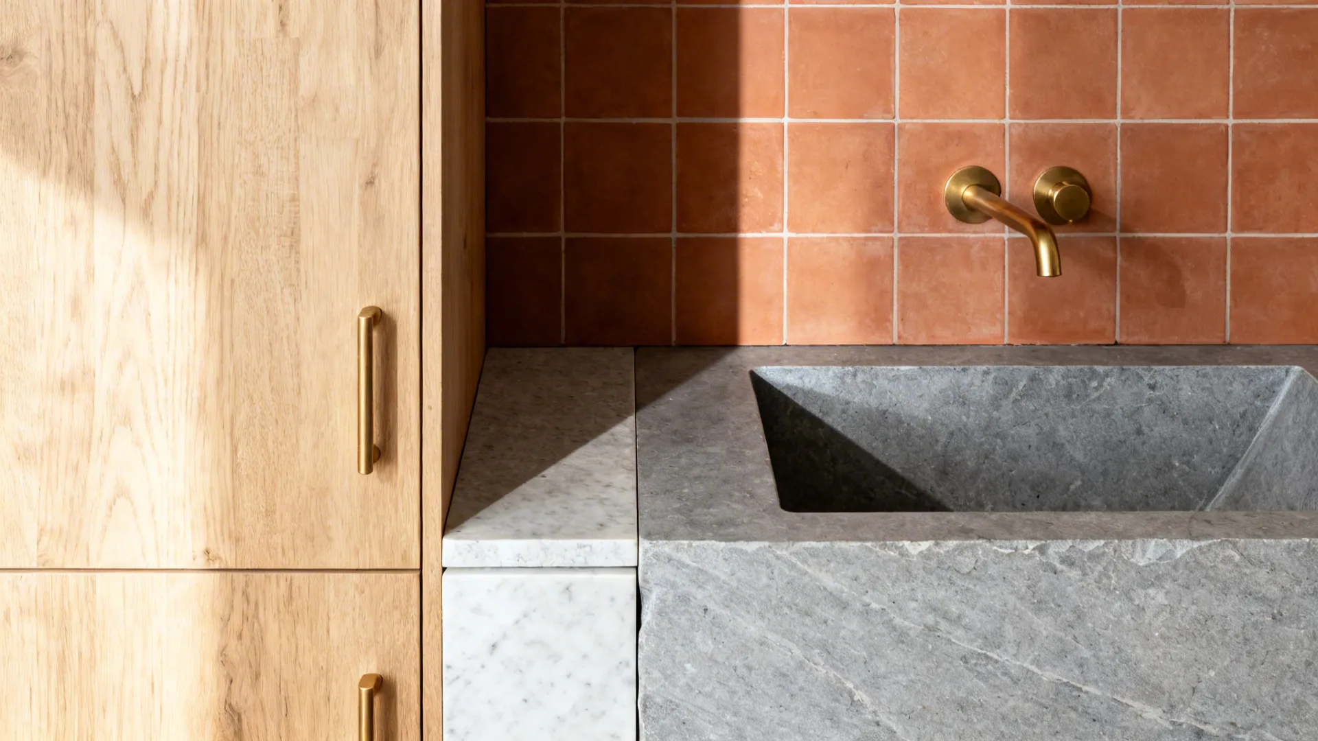 Flat lay with light oak, terracotta, matte brass, and cool gray stone samples.