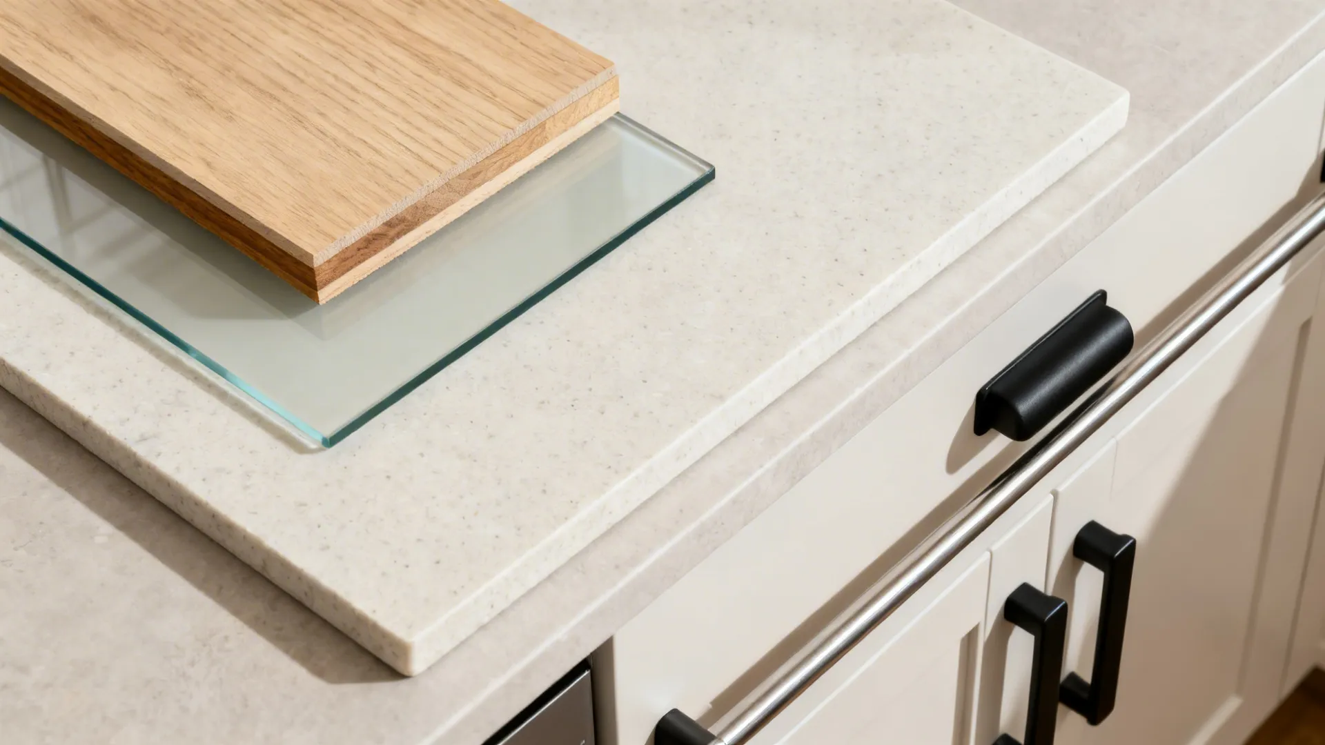 Flat lay of light oak, matte glass, light quartz, and matte hardware for a warm compact kitchen palette.