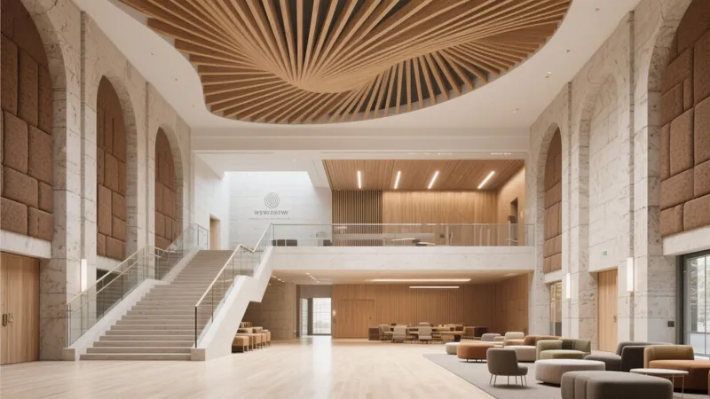 Modern Commercial Lobby with Wood Ceiling and Marble Walls
