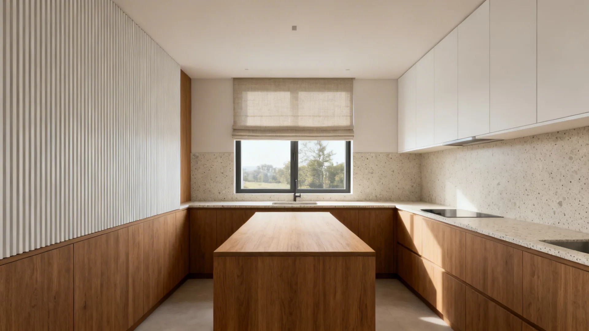 Warm L-shaped kitchen with matte oak lowers, soft white uppers, terrazzo, and slim oak island.