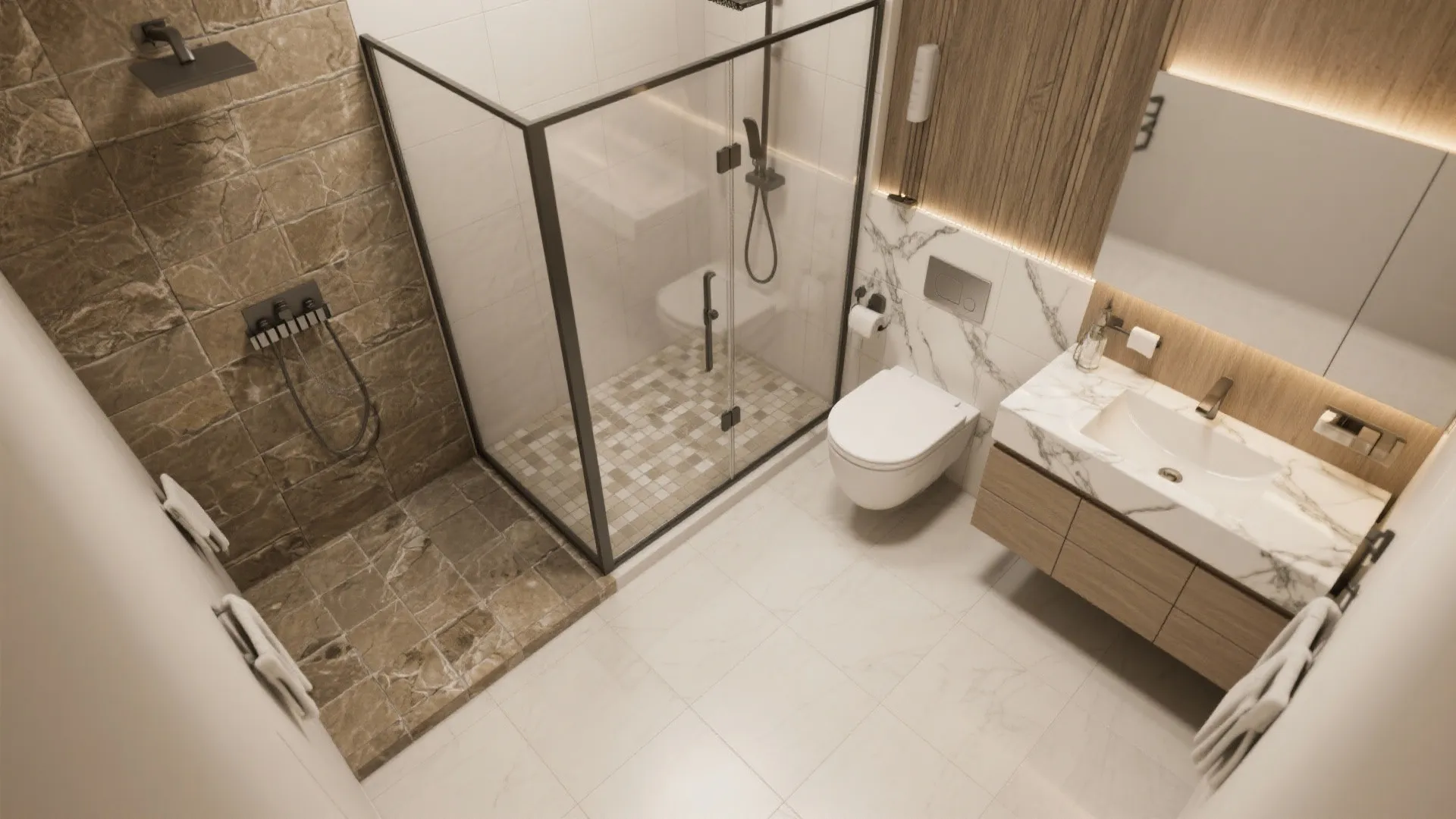 Top-down plan showing porcelain floors, ceramic vanity wall, mosaic shower pan, and a marble-accent niche.