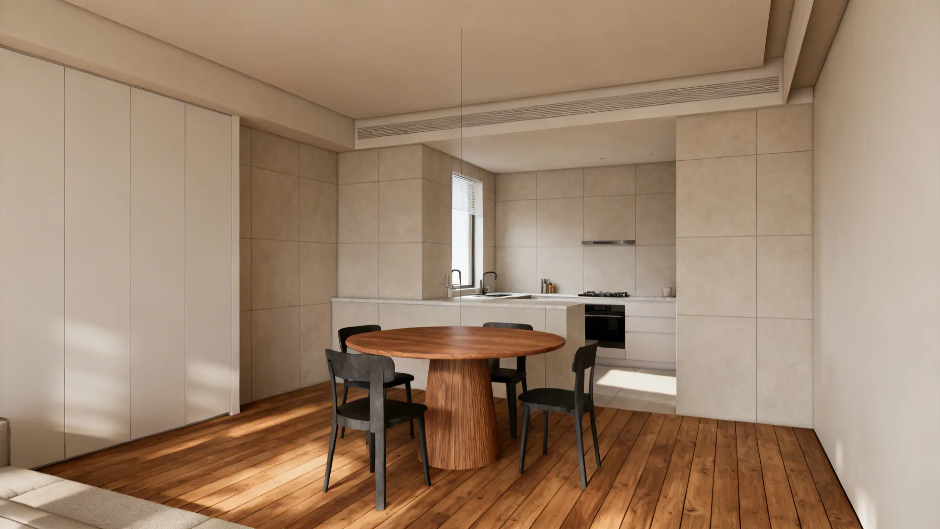 Material transition showing warm wood dining floor next to tiled kitchen to define zones.
