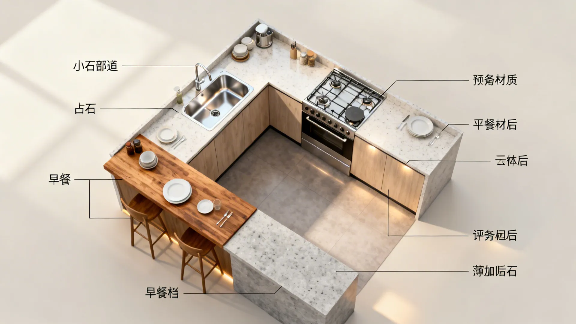 Top-down L-shaped small kitchen plan showing different countertop materials by zone.