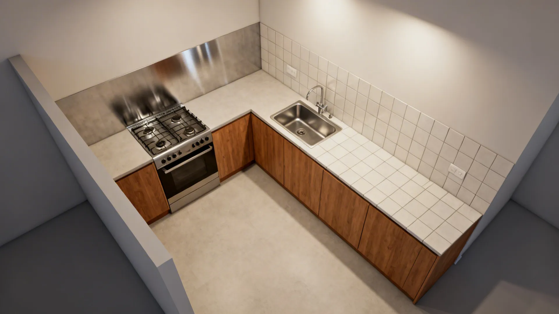 Modern L-shaped kitchen interior design drawing with wood cabinets white tiled walls and silver stove