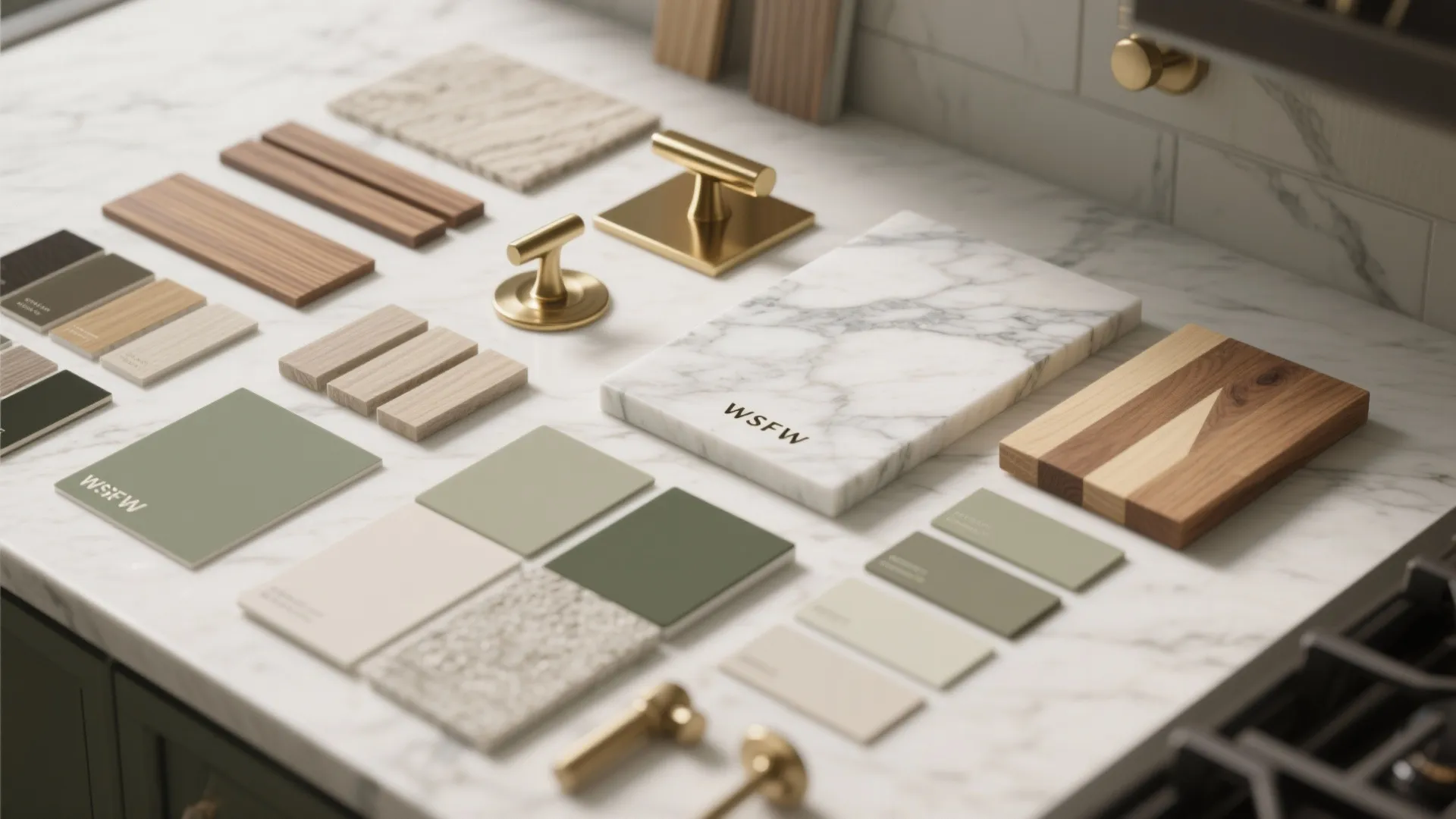 Kitchen material board with marble tiles wood samples metal handles green color swatches and floor pieces