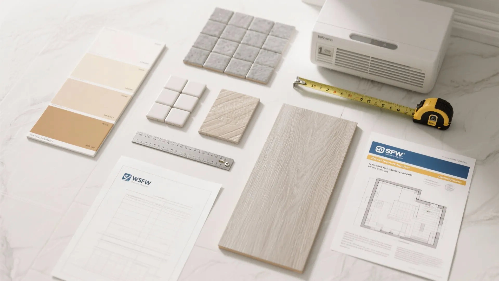 Interior design mood board with floor plan paint swatches wooden floor sample tiles and tape