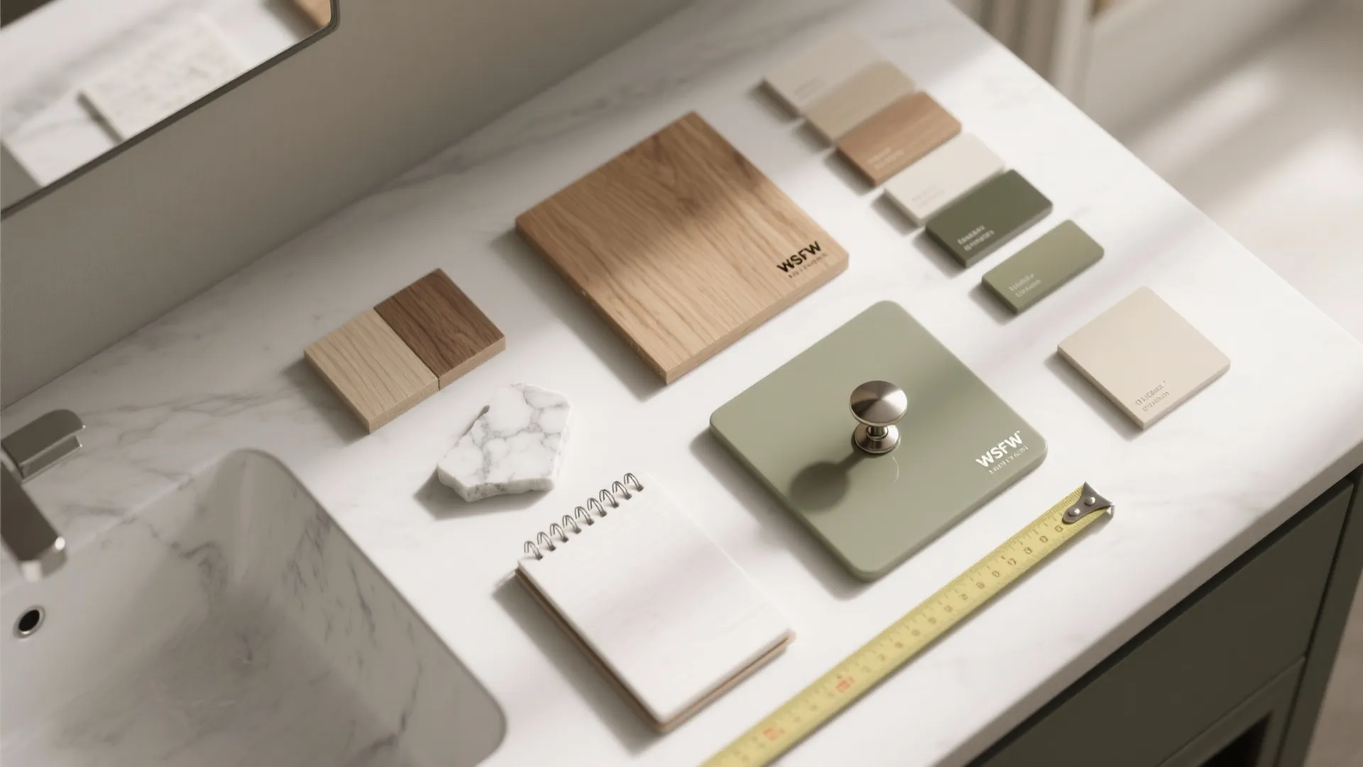 Various interior design material samples like wood blocks green tiles notebook and yellow tape measure