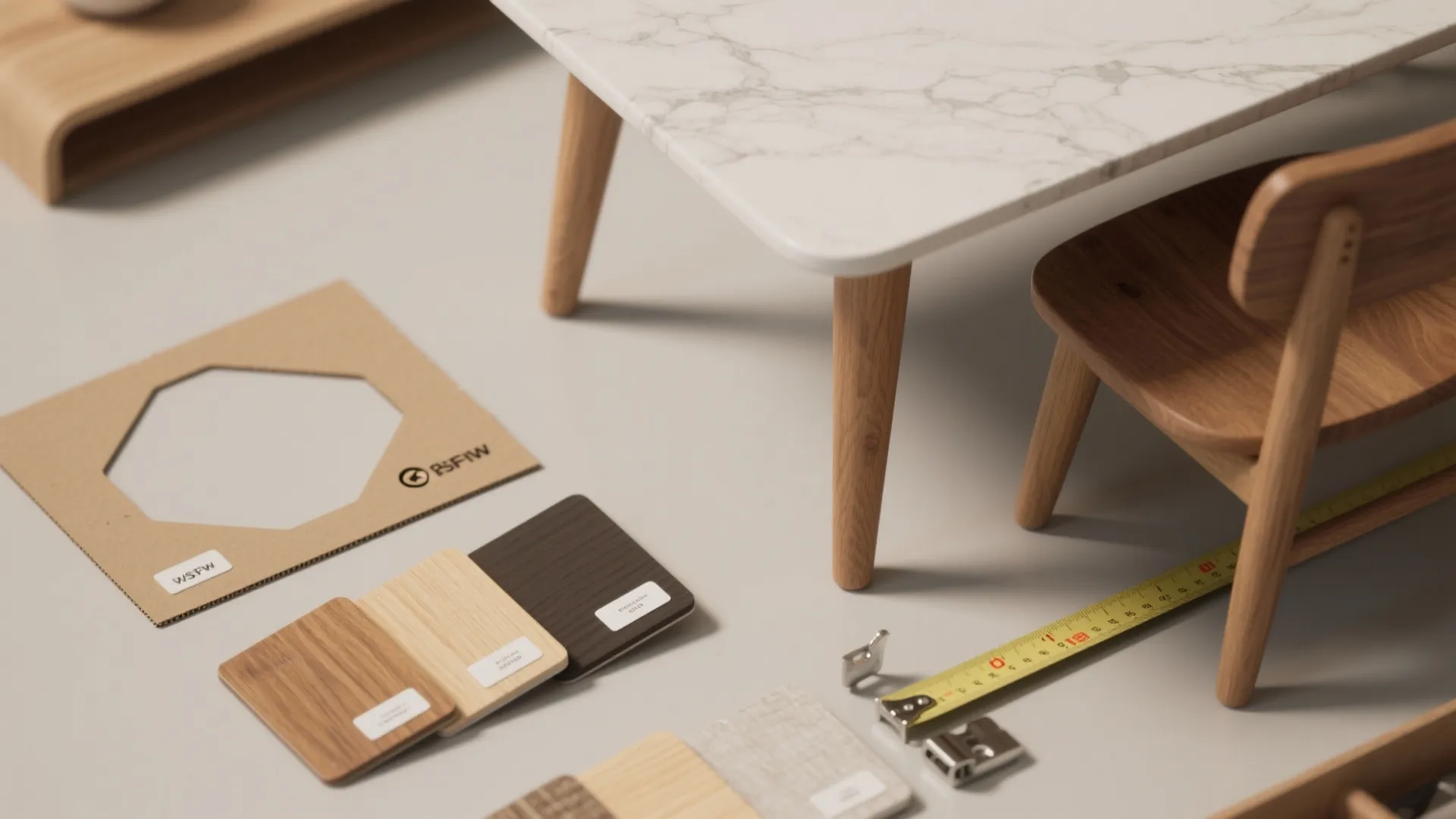 Interior design materials including wood samples and measuring tape next to white marble top table