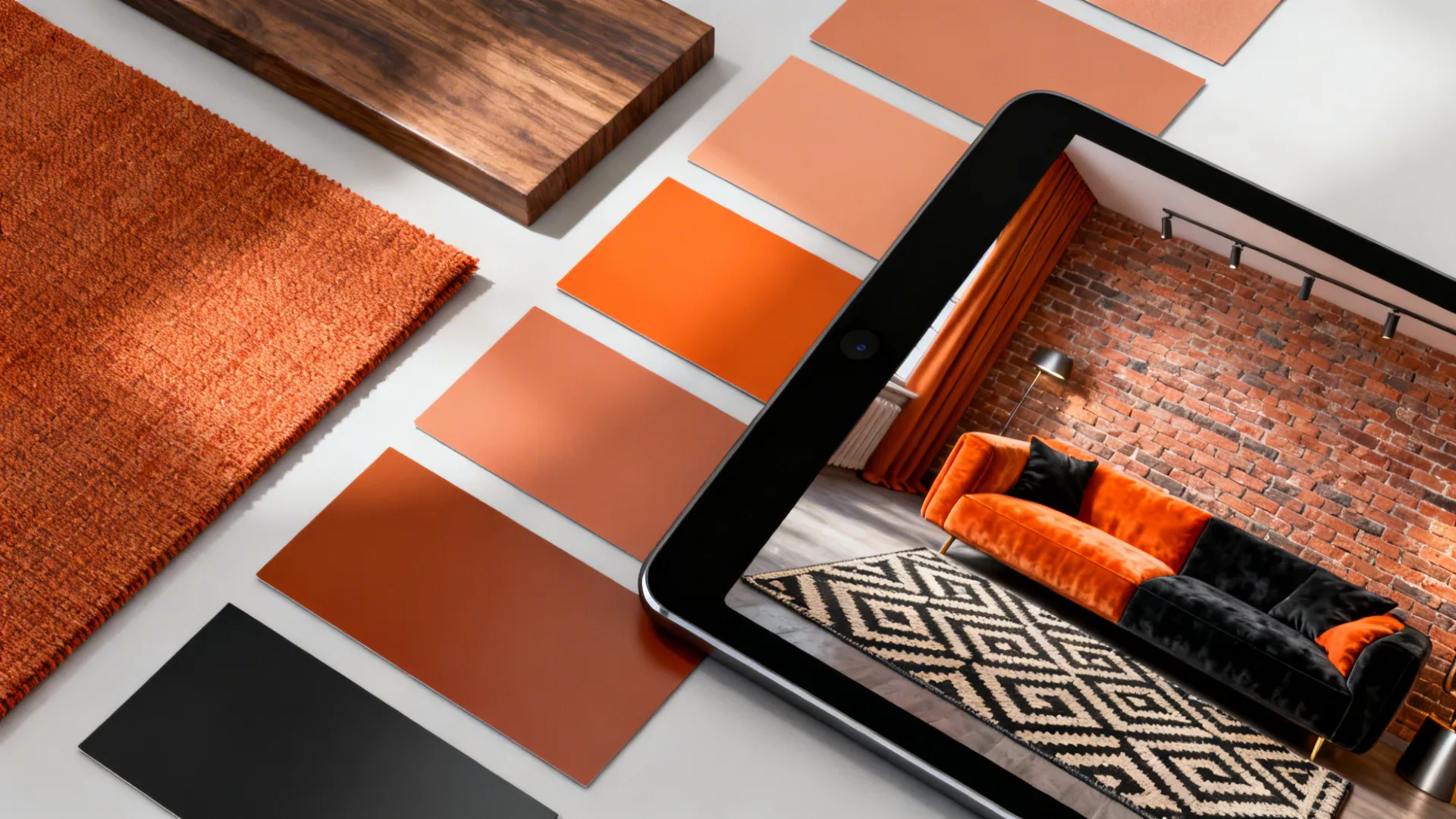 Material swatches and a tablet showing a 3D preview of an orange-and-black living room palette.