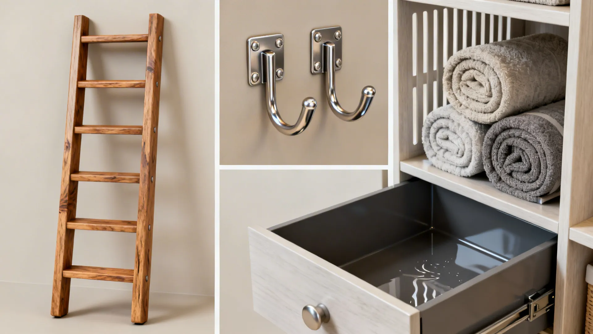 Materials and accessibility examples for towel storage: sealed wood, rust-proof metal, ventilated shelving.